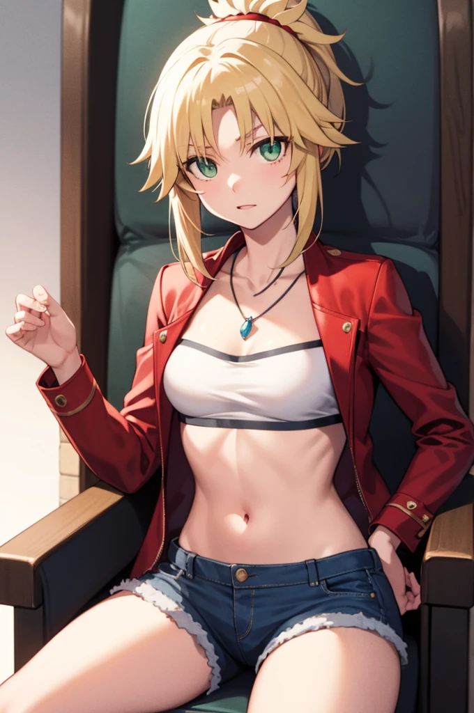 modred, (green eyes:1.5), ponytail, short hair red scrunchie, hair scrunchie, (small breast:1.2), BREAK blonde hair, denim shorts, jewelry, midriff, navel, necklace, red jacket, short shorts, shorts, tube top, white top, BREAK looking at viewer, BREAK outdoors, BREAK (masterpiece:1.2), best quality, high resolution, unity 8k wallpaper, (illustration:0.8), (beautiful detailed eyes:1.6), extremely detailed face, perfect lighting, extremely detailed CG, (perfect hands, perfect anatomy), (Western style castle), (luxurious throne room), on the luxurious throne, sitting