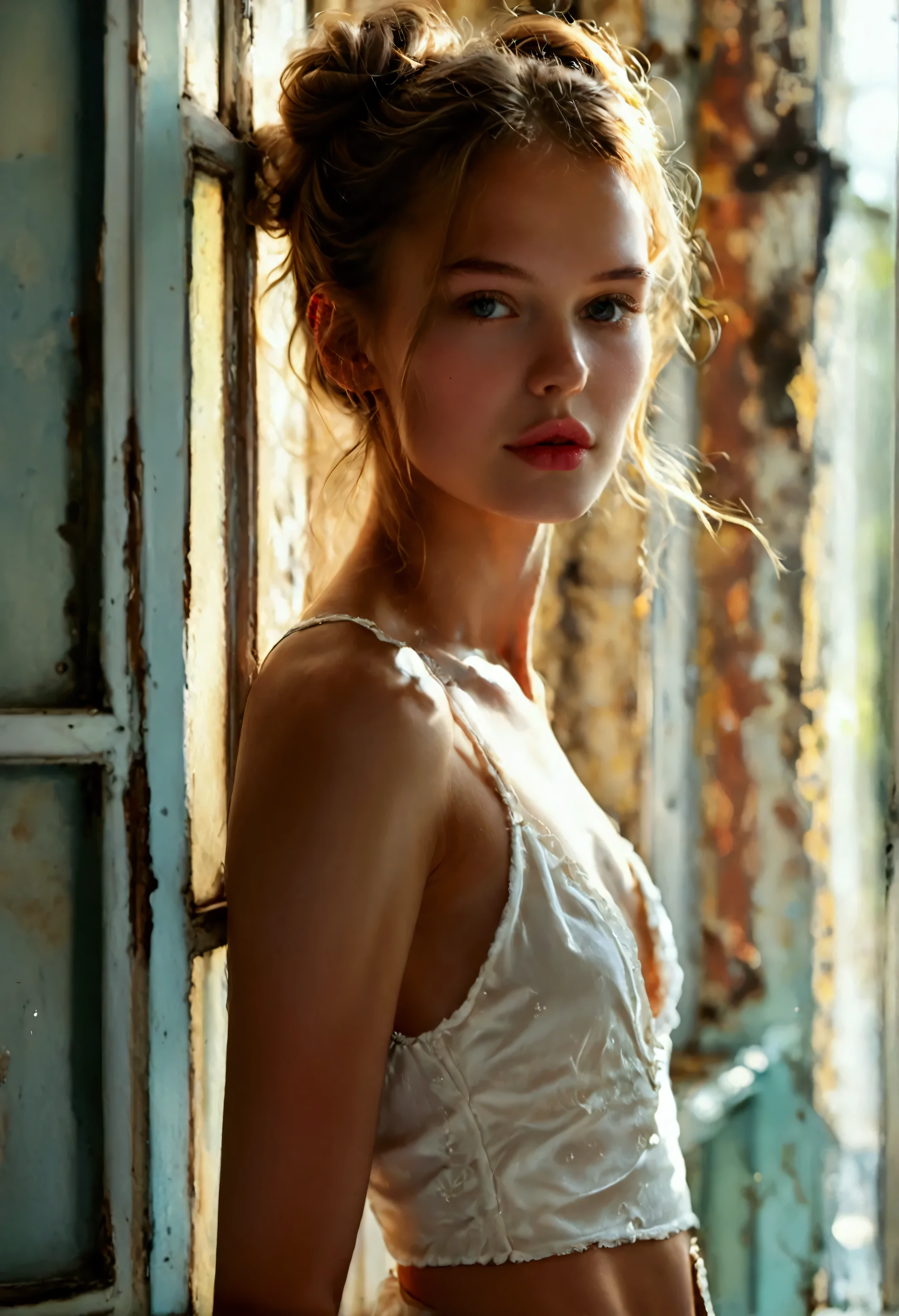 High quality photo of a charming model, film, photograph of a woman god in a dynamic and Dutch perspective, the image is a photograph of a very young beautiful woman standing at the entrance between the living room and the summer terrace, leaning her back against the window, a very beautiful face, European, a face with full lips, beautiful light from the street and shadows from the living room combine on the girl's body, she is in a relaxed pose, a comfortable pose, the young woman has a slender, petite build and fair skin. Her hair is gathered into a neat high bun. She is wearing a loose white top, thin skinny thighs like a teenager, slender skinny legs of a fashion model, very beautiful, happy face, parted lips, very cute face, cinematic, essence of the wind, LUT, smoked foreground, blurred background, soft natural light, warm lighting, volumetric lighting, gradient, luxurious, art filter, long exposure, detailed beautiful color, dreamlike, high contrast, subtle shadows, complex shading, chromatic aberration, iridescent, Ultra-real HDR enhancement, depth of field, bokeh, break score_9, score_8_up, score_7_up, masterpiece, official art, amazing quality, best quality, high quality, ultra high resolution, very aesthetic, absurd, very detailed, extremely detailed, intricate details, beautiful texture, sharp details, sharp edges, 8K wallpaper, 32K, UHD,