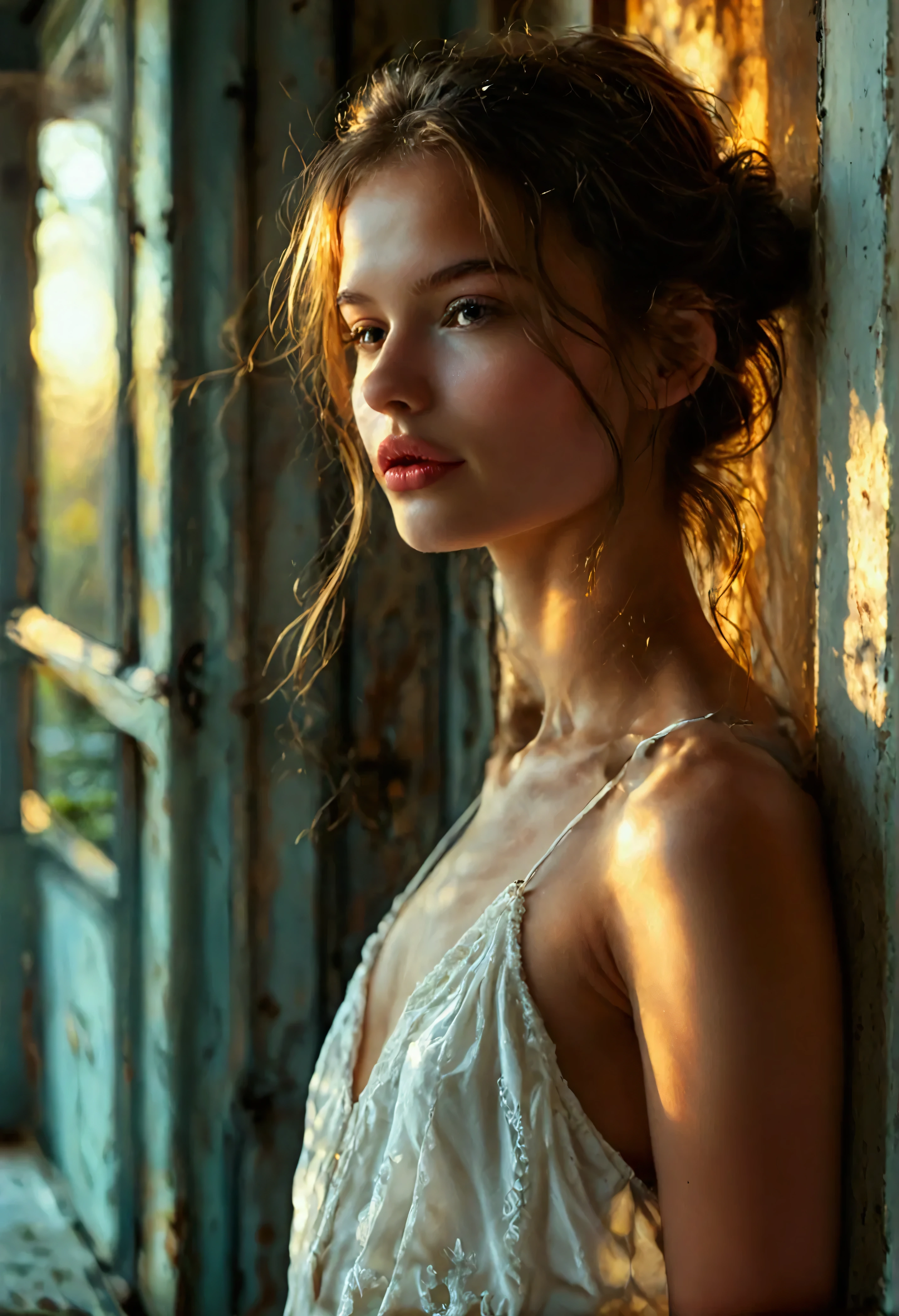 High quality photo of a charming model, film, photograph of a woman god in a dynamic and Dutch perspective, the image is a photograph of a very young beautiful woman standing at the entrance between the living room and the summer terrace, leaning her back against the window, a very beautiful face, European, a face with full lips, beautiful light from the street and shadows from the living room combine on the girl's body, she is in a relaxed pose, a comfortable pose, the young woman has a slender, petite build and fair skin. Her hair is gathered into a neat high bun. She is wearing a loose white top, thin skinny thighs like a teenager, slender skinny legs of a fashion model, very beautiful, happy face, parted lips, very cute face, cinematic, essence of the wind, LUT, smoked foreground, blurred background, soft natural light, warm lighting, volumetric lighting, gradient, luxurious, art filter, long exposure, detailed beautiful color, dreamlike, high contrast, subtle shadows, complex shading, chromatic aberration, iridescent, Ultra-real HDR enhancement, depth of field, bokeh, break score_9, score_8_up, score_7_up, masterpiece, official art, amazing quality, best quality, high quality, ultra high resolution, very aesthetic, absurd, very detailed, extremely detailed, intricate details, beautiful texture, sharp details, sharp edges, 8K wallpaper, 32K, UHD,