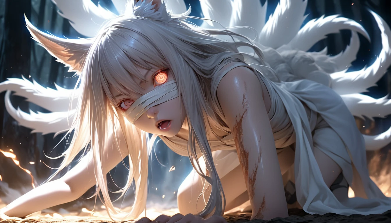 A large ethereal Female nine-tailed fox guardian spirit opaque and without a physical form, at midnight, The guardian spirit is Jump at the viewer with force, Female Naruto, transformed into a woman, crawls on all fours under her guardian spirit, mouth wide open, roaring ., The scene is viewed from a side view, capturing the close-up of both figures. The background is dark, illuminated only by the faint, otherworldly glow of the guardian spirit, creating a fantastical and mysterious atmosphere. Realistic style, Female naruto is wearing a bandage, She is a very beautiful girl., Her clothes are tattered from the battle, highly detailed, absurdres, realistic, detailed skin texture, detailed pupils, HDR, expressionless, covering eyes, photorealistic, best quality, masterpiece