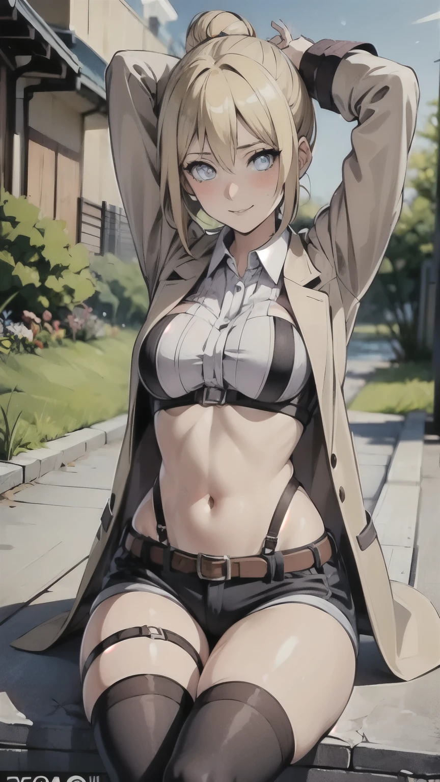 i want the whole image to be created in 3D anime style, 1girl, solo, breasts, looking at viewer, blush, short hair, blue eyes, blonde hair, shirt, thighhighs, long sleeves, navel, medium breasts, sitting, closed mouth, jacket, white shirt, thighs, boots, outdoors, open clothes, sky, shorts, day, midriff, collared shirt, belt, cloud, hair bun, blurry, arm up, open jacket, blue sky, lips, thigh strap, blurry background, suspenders, arm behind head, brown jacket, patreon username, paradis military uniform, annie leonhardt
