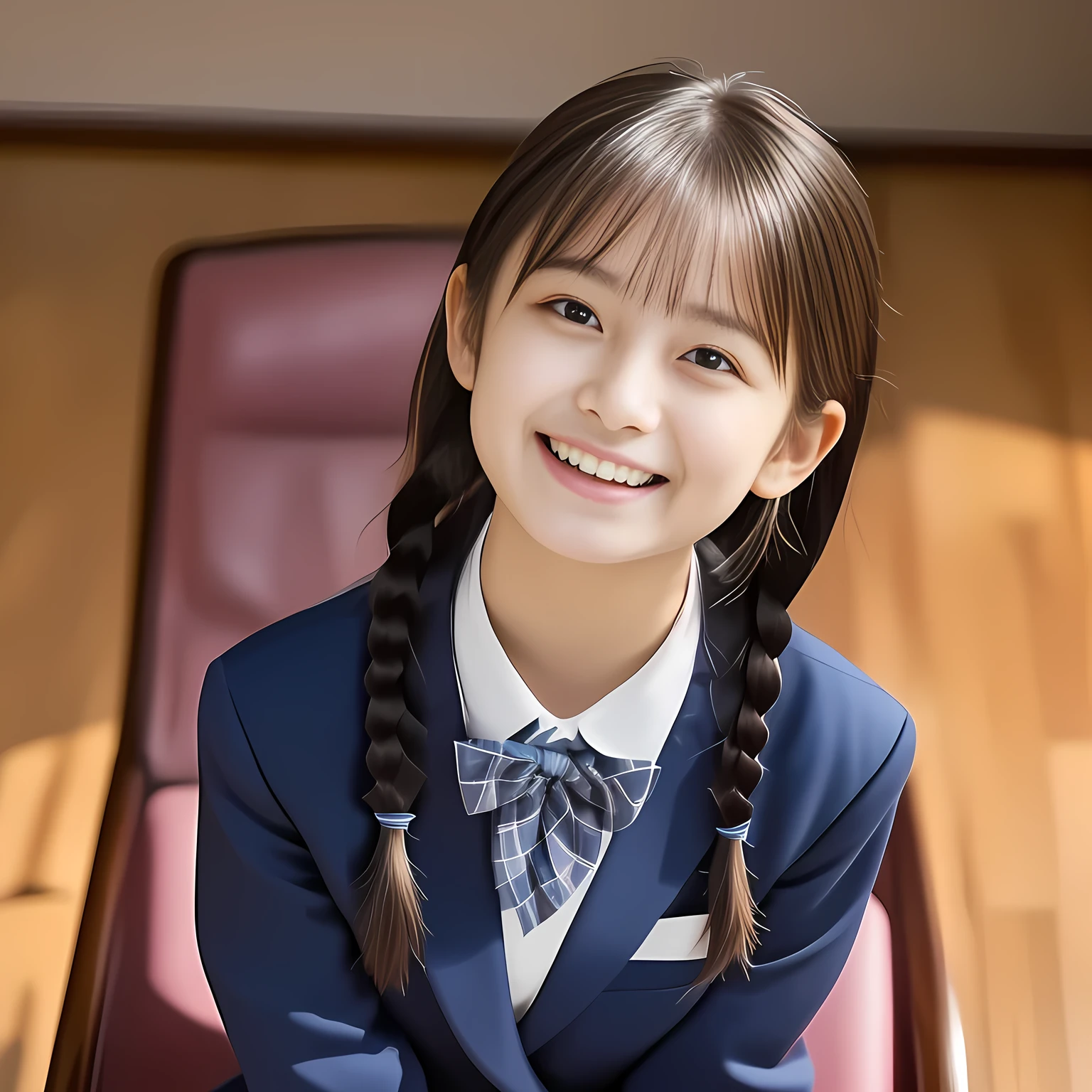 (Highest quality, masterpiece:1.2), Highest quality, High resolution, 1080P, 8k, height: 158cm, (Noble, Japanese 13yo fashion model is seated on a pink flat floor and smiling directly at me in school uniform, sleepy, looking up at me with love to me with her kawaii supreme: 1.8), looking me, (well arranged, balanced, neat tight twin braids under her ear, not more than two braids), (Half-closed, Looking up to me, Very sleepy, Double-eyelids, completely balanced, brown large large dreaming sleepy eyes with detailed beautifully: 1.6), (Glossy lips: 1.8), (Drives me crazy for her navy-colored neat tartan checkered blue skirts and make me fall into her navy-colored tartan checkered skirt: 1.2), (Fine white face that looks like she has never been out of home: 1.6), (Navy colored school uniform blazer: 1.6), (Navy blue pleated school uniform tartan checkered skirt: 1.5), (Plain-red school ribbon on the breast), (Complete plain pink background: 1.8), (Girl whom everyone loves because of her beauty and neat school fashion and noble manner and magic-charm of succubus: 1.7), full body shot, (jolly face expression), (evenly cut curled bangs), (KANKO school uniform), 白い光が顔にあたっている