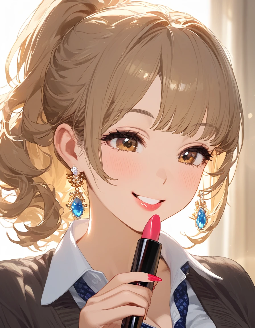 Woman 2，housewife，sunlight，smile，Applying Lipstick，Light brown short curly hair，Tie a ponytail on the left side，slightly plump，Half Moon Earrings，Close-up photo of face