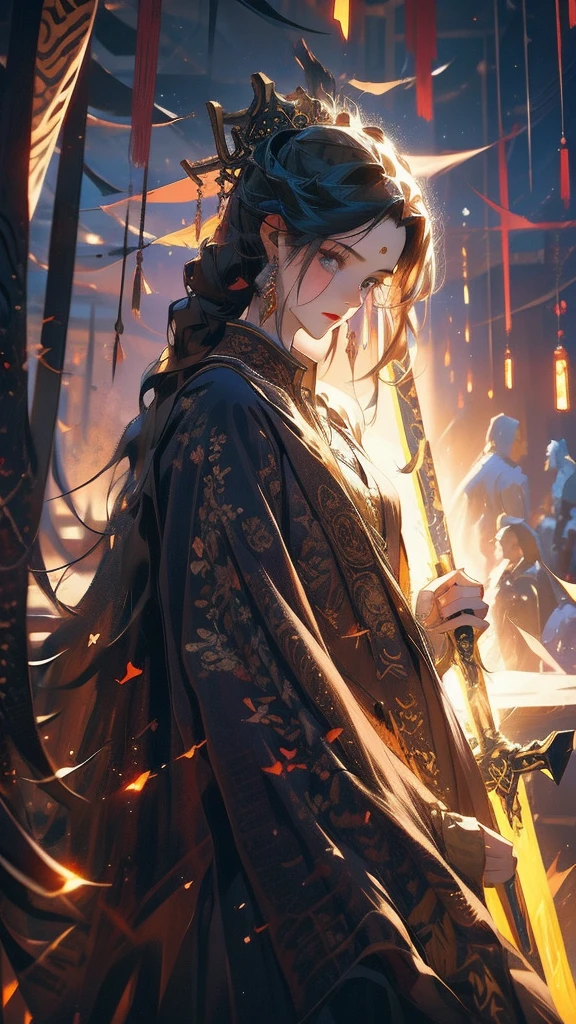 best quality, highres, ultra-detailed, realistic, HDR, moody, dark, bamboo hat, detailed raindrop effect, bamboo forest, moonlit night, black kimono with glowing red stripes, shining katana, epic scene
