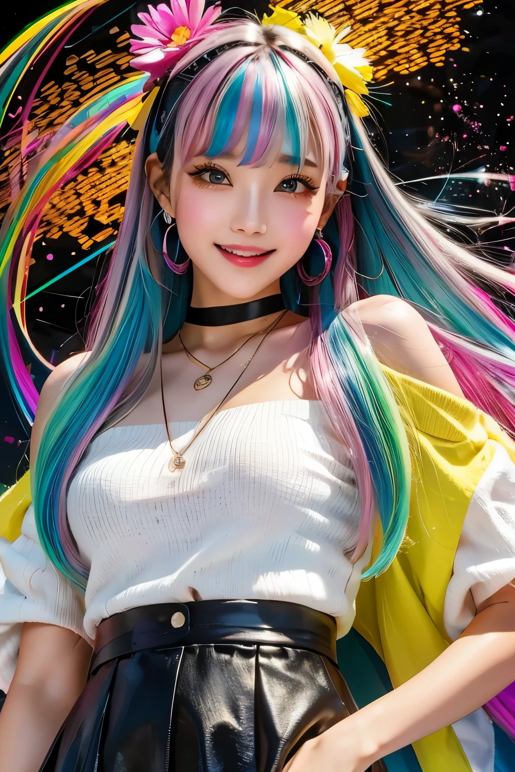 "Generate a highly detailed, vertical portrait of a beautiful Japanese girl with dual-colored hair, silver on the left side and black on the right side, with the tips dyed bright yellow. Her long hair flows in the wind, creating a striking visual effect. She has large, shimmering rainbow-colored eyes and a cheerful smile. Her cheeks are blushed, giving her a healthy and lively expression. The girl is dressed in a white off-shoulder top, loose and relaxed, paired with a shiny black vinyl tight skirt, giving a modern and stylish appearance. She wears large pink flower earrings and a black choker around her neck. The background is colorful and artistic, featuring rainbow splashes and abstract patterns, predominantly in blue, pink, and yellow hues. The distant landscape shows a meadow, adding to the overall fantastical and creative atmosphere."