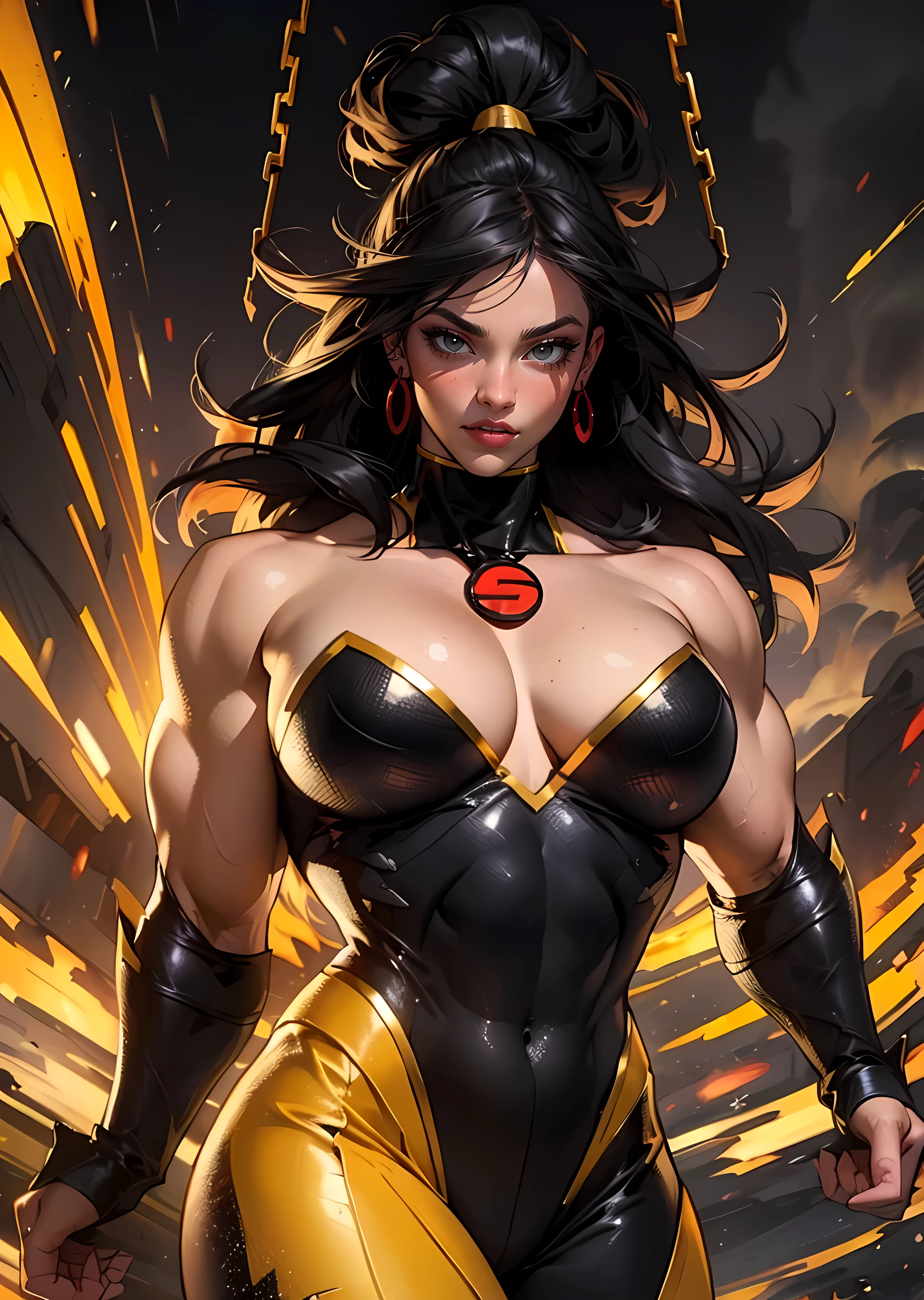 (masterpiece), best quality, high resolution, ultra-detailed, Busty MASSIVE FEMALE BODYBUILDER, nagatiti, (Gigantic Breasts:1.6), (hanging breasts: 1.5) Superwoman in her iconic Black and Gold suit, long Black Hair, dynamic angle, powerful pose, floating, vibrant colors, glowing effect, volumetric light, dark background.
