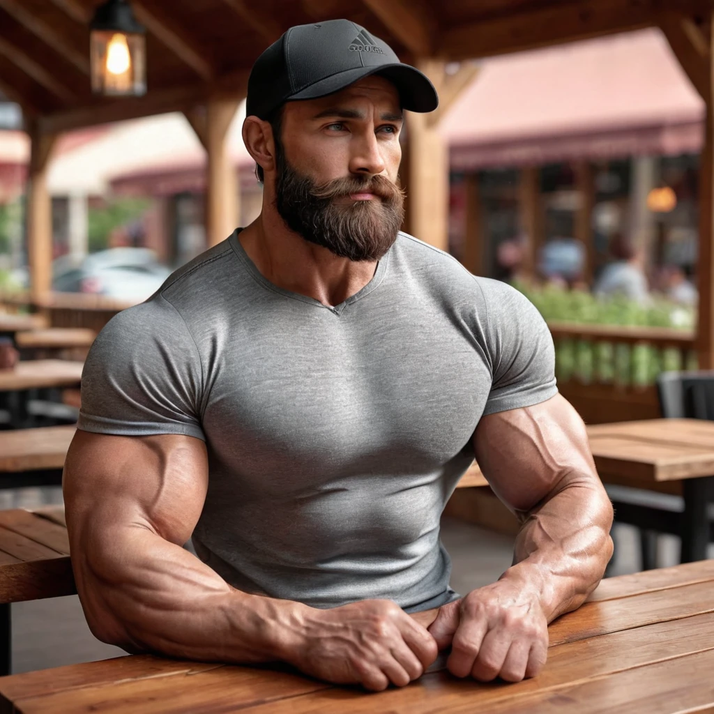 A hyper-realistic, ultra-masculine bodybuilder with exaggerated muscle size, wearing a tight grey henley shirt that emphasizes his massive chest and arms. He has a full, thick beard and is wearing a black Adidas cap. The setting is an outdoor restaurant with a warm, natural light casting detailed shadows. The man is seated at a wooden table, showing strong, muscular arms with veins and defined details. His expression is serious, and he has a focused gaze. The quality is 8K ultra-detailed, with hyper-realistic textures on the skin, beard, and fabric of the shirt. The background features other people in soft focus, blending into the warm ambiance of the setting.