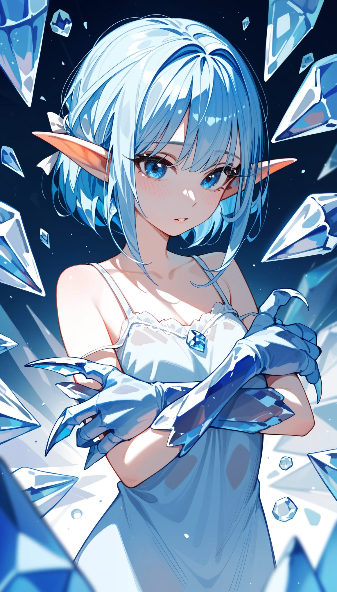 blue hair, center part hair, elf ear, blue eye, Light blue camisole dress, big white top hair ribbon, arms covered in ice, hands covered in ice, sharp ice talons for hands,