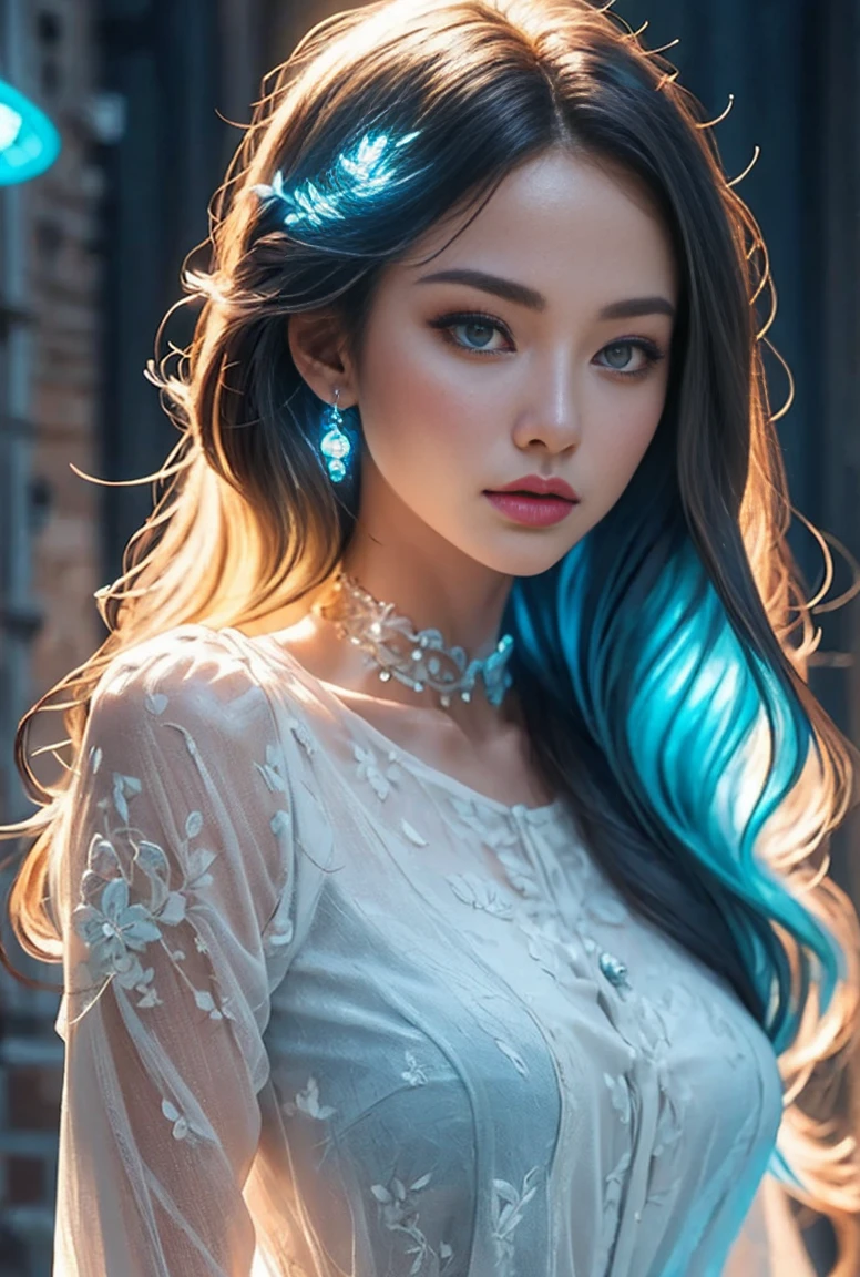 ((masterpiece)), (Best Quality), (detailed), (1 female), (Internal Data Stream) Light blue gradient hair, Bright blue glowing eyes, Straight Hair, Wearing a modern white shirt and blue dress, Covered in data particles, The neck is locked