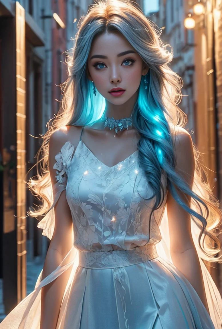 ((masterpiece)), (Best Quality), (detailed), (1 female), (Internal Data Stream) Light blue gradient hair, Bright blue glowing eyes, Straight Hair, Wearing a modern white shirt and blue dress, Covered in data particles, The neck is locked