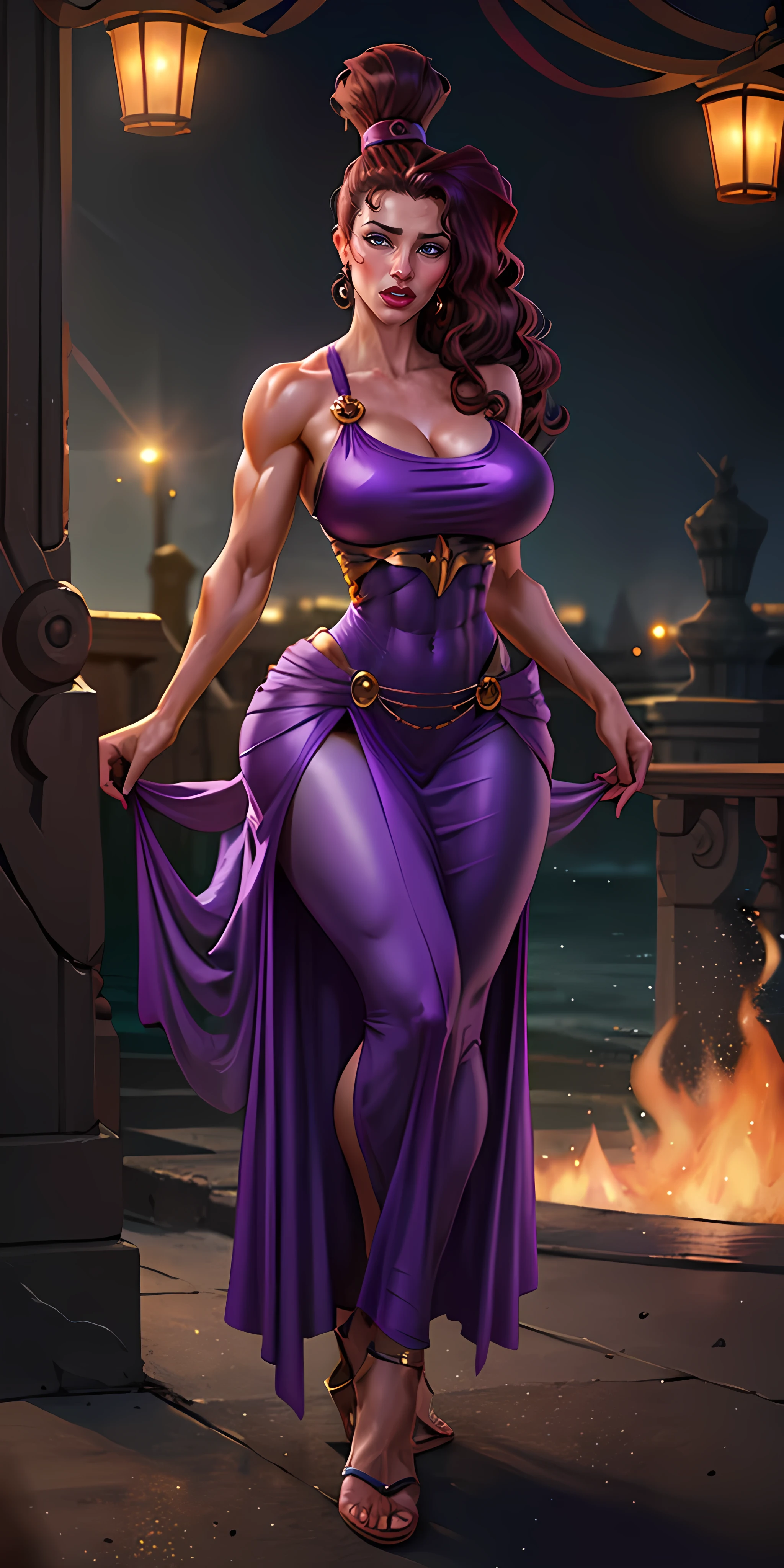 1girl, full body of beautiful megara, MASSIVE FEMALE BODYBUILDER, HUGE BREASTS, bare shoulders, long purple dress, looking at viewer, volumetric lighting, best quality, masterpiece, realistic  