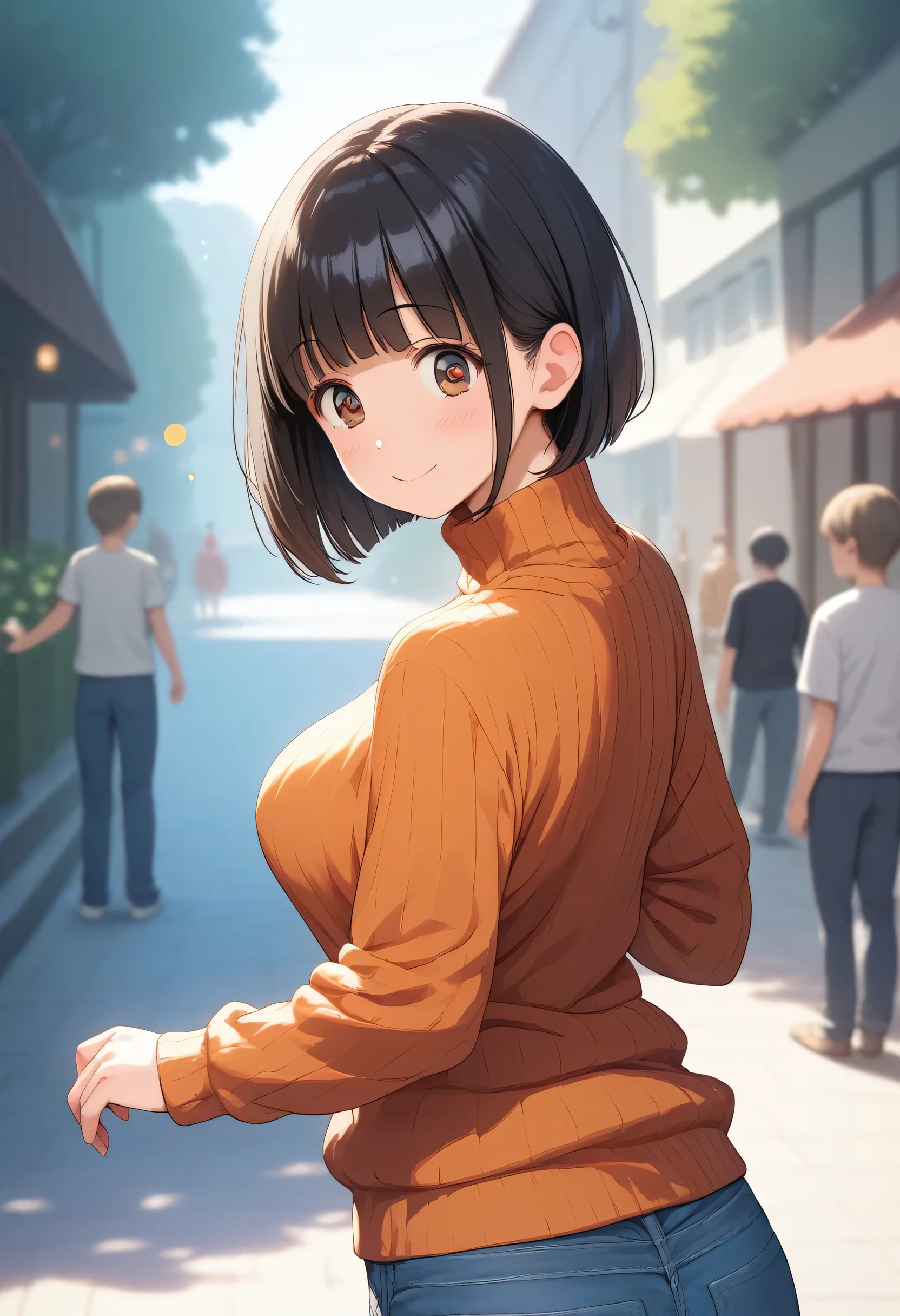 (masterpiece, best quality:1.2), <lora:style_nanahime-20:1>, solo, 1girl, smile, looking at viewer, ribbed sweater, cityscape, street