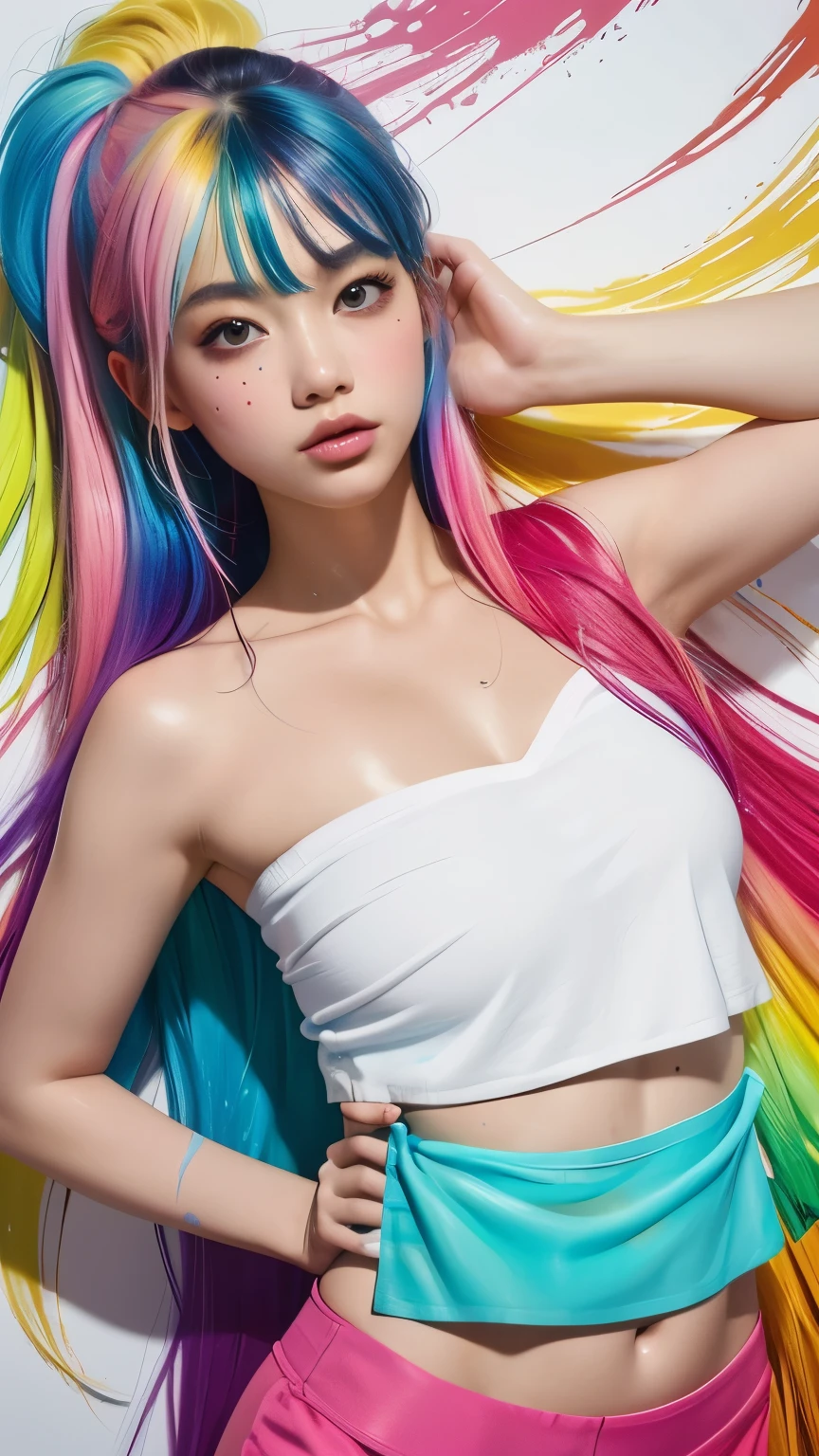 （Pink fashion T-shirt：1.9），（Colorful hair：1.8），（Rainbow all colors：1.8），（（（（Vertical painting：1.6)）），（painting of a：1.6），frontage，comic strip,illustration,painting of a,largeeyes,crystal-clear,（rainbow color gradient high ponytail：1.7）,Delicatemakeup,Keep one's mouth shut,(Small Fresh:1.5),(Bandeau:1.6),long eyelasher,White shoulder T- shirt, White Shoulder Shirt，looking at viewert，watery big eyes，A plump chest，cleavage，(rainbow colour hair：1.6), colored splashing, （Solo：1.8）, colored splashing, Color explosion, Color splattering, Color explosion, Thick lacquer style，Messy lines，((Shining)) ，(Colorful), (Colorful), (Colorful), Colorful, Thick Paint Style, (Splash) (colored splashing), Vertical painting, Upper body, paint splatter, Acrylic Pigment, Gradient, Paint, Highest image quality, Highest image quality, Masterpiece, Solo, Depth of field, facepaint, Colorful clothes, (ellegance: 1.2), opulent, long whitr hair, ventania, (ellegance: 1.3), (petals: 1.4)，(((Masterpiece))),(((Best quality at best))),((ultra - detailed)),(illustratio),(dynamic angle),((floatking)),(Paintwork),((Loose hair)),(Solo),(1girll) , (( (Detailed anima face))),((Beautiful detailed face)),collars,exposed bare shoulders,whaite hair,((The color hair)),((Striped hair)),Beautiful detailed eyes,(Gradient color eyes),(( （Colored eyes））），（（（coloured background））），（（（high saturated））），（（（Surrounded by colorful splashes）））、、huge breasts、huge boobs、huge breasts、huge boobs、huge breasts、huge boobs、huge breasts、huge boobs、huge breasts、huge boobs、huge breasts、huge boobs、huge breasts、huge boobs、huge breasts、huge boobs、huge breasts、huge boobs、huge breasts、huge boobs、huge breasts、huge boobs、huge breasts、huge boobs、huge breasts、huge boobs、huge breasts、huge boobs、huge breasts、huge boobs、huge breasts、huge boobs、huge breasts、huge boobs、huge breasts、huge boobs、huge breasts、huge boobs、huge breasts、huge boobs、huge breasts、huge boobs、huge breasts、huge boobs、huge breasts、huge boobs、huge breasts、huge 、huge breasts