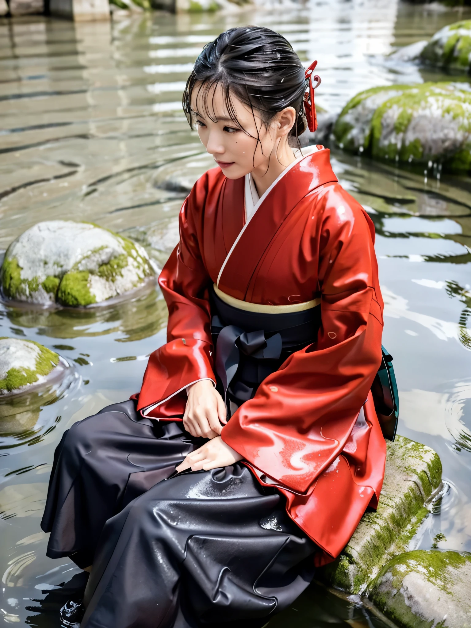 Realistic, long-sleeved kimono, hakama, long hakama, long long-sleeved kimono, wet clothes, soaking wet clothes, wet and shiny clothes, clothes with a wet texture, clothes that stick to the body, immersed in a river, sitting in a river, sitting in water