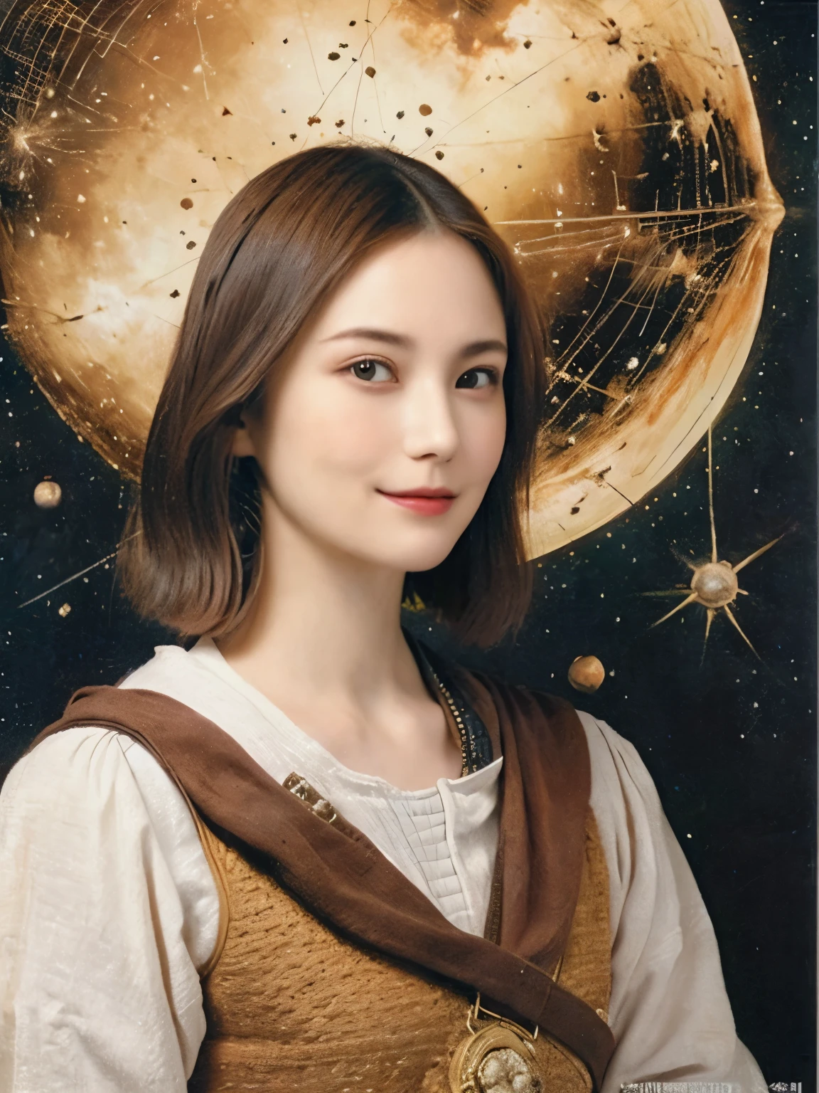 294 (20-year-old woman,short hair,20-year-old male), (A kind smile), ((Spaceship,captain)), (colorful), (Leonardo da Vinci paintings), flower, Space Suit, Pirate Ship, nebula, milky way