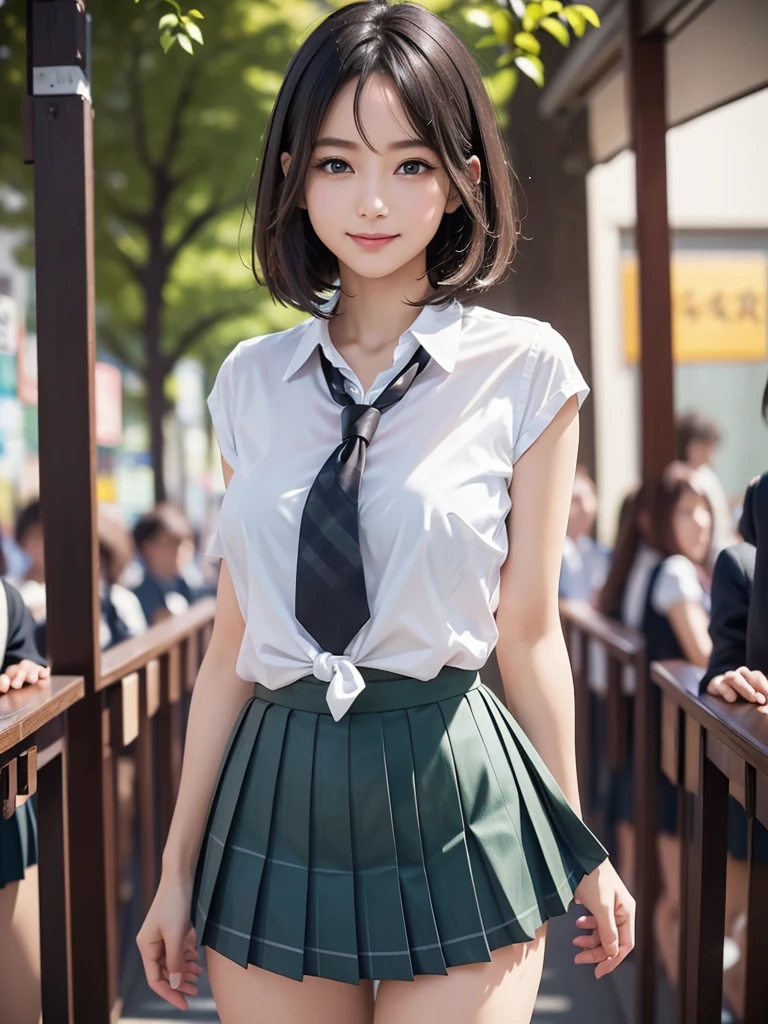 Woman posing for a photo, ((whole bodyショット)), The most beautiful Japanese models, 17 year old female model, 4k、bangs、(((smile))), (Short Bob Hair), 非対称なbangs, Straight hair、(White shirt, Green tie , Dark blue pleated mini skirt:1.2), (Idol-like and super cute face:1.4), whole body, Slim and beautiful figure, sexy, Beautiful breasts, Laughter, The background is a row of fresh green trees, (Raw photo, highest quality, masterpiece, Ultra-detailed, Ultra-high resolution, Realistic),