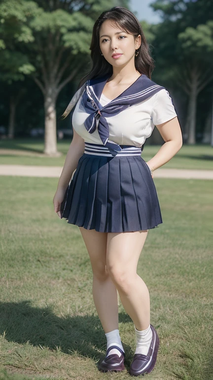 Realistic、Ultra-dense skin、Perfect Anatomy、Photorealistic、Japanese Mature、Alone、milf、White skin、drshe、Woman with sexy face、(50 years old:1.5)、Earrings、((curvy、Large Breasts、Emphasizes plump thighs:1.4))、((High school uniform、Sailor suit、neckerchief、Ultra short pleated micro mini skirt、loafers:1.5))、((Standing in the park、Full body view:1.3))、Background Blur、full body、looking at viewer、shoot from below、(loafersから頭まで全身を撮影:1.3)