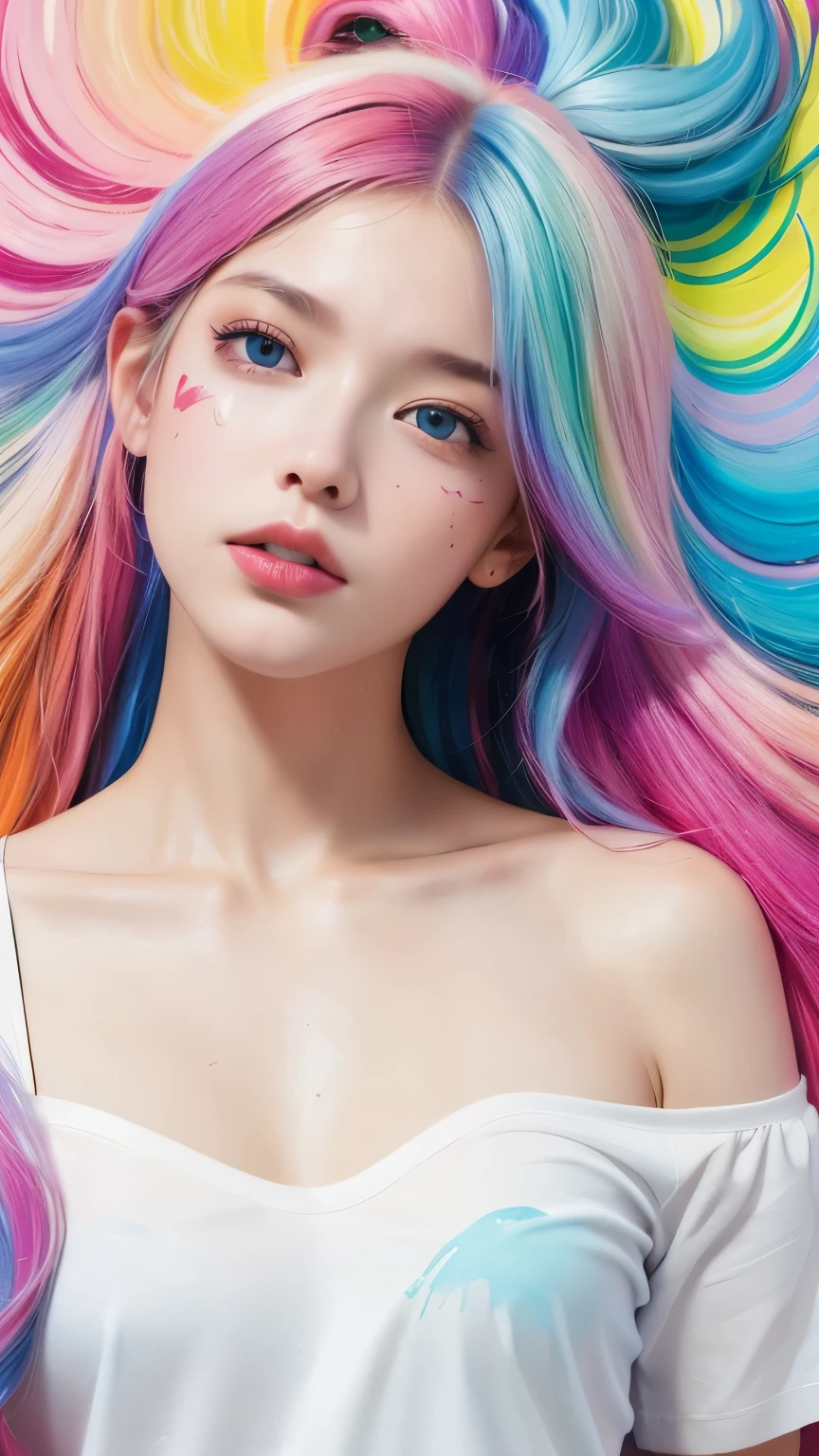 (Pink fashion T-shirt:1.9),(Colorful hair:1.8),(Rainbow all colors:1.8),((((Vertical painting:1.6))),(painting of a:1.6),frontage,comic strip,illustration,painting of a,largeeyes,crystal-clear,(rainbow color gradient high ponytail:1.7),Delicatemakeup,Keep one's mouth shut,long eyelasher,White shoulder T- shirt, White Shoulder Shirt,looking at viewert,watery big eyes,(rainbow colour hair:1.6), color splash, (solo:1.8), color splash, color explosion, colour splash, color explosion, Thick lacquer style,Messy lines,((shining)) ,(colorful), (colorful), (colorful), colorful, Thick Paint Style, (Splash) (Color Splash), Vertical Painting, Upper Body, Paint Splash, Acrylic Pigment, Gradient, Paint, Highest Image Quality, Highest image quality, Masterpiece, Solo, Depth of Field, Face Paint, colorful clothes, (ellegance: 1.2), opulent, long whitr hair, ventania, (ellegance: 1.3), (petals: 1.4),(((masterpiece))),(((Best quality at best))),((ultra - detailed)),(illustratio),(dynamic angle),((floatking)),(Paintwork),((Loose hair)),(solo),(1girl) , (( (Detailed anima face))),((Beautiful detailed face)),collars,exposed bare shoulders,whaite hair,((The color hair)),((Striped hair)),Beautiful detailed eyes,(Gradient color eyes),(( (Colored eyes))),(((coloured background))),(((high saturated))),(((Surrounded by colorful splashes))),