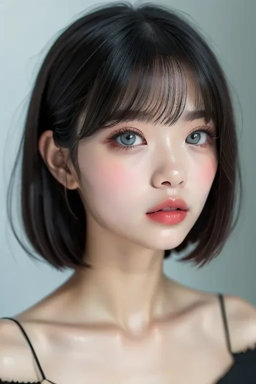 In a dimly lit room、Realistic upper body portrait photography of a woman with straight hair and perfect face,Accurately depict the top of the head、Big Mouth,Moisturized lips、Thick, plump and shiny lips with a clear lip balm