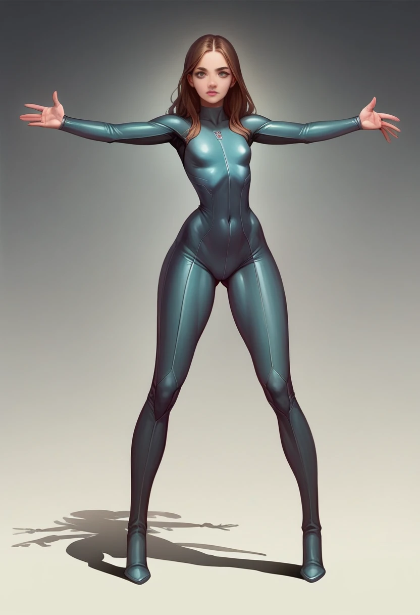 blank background, full body, front view, masterpiece, best quality, realistic style, source_realistic, short girl, , ,  girl, long hair, petite, slim, thin waist, small chest, short torso, long legs, big hips, athletic, wide hips, big thighs, big legs, thick thighs, catsuit, spread legs, outstretched arms, detailed face