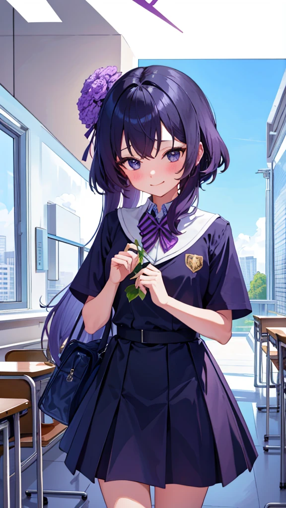 One girl, High resolution, masterpiece, Best Quality, Ultra high definition, A seductive smile,blush, solo, School classroom, Holding a flower pot, Purple Uniform, 