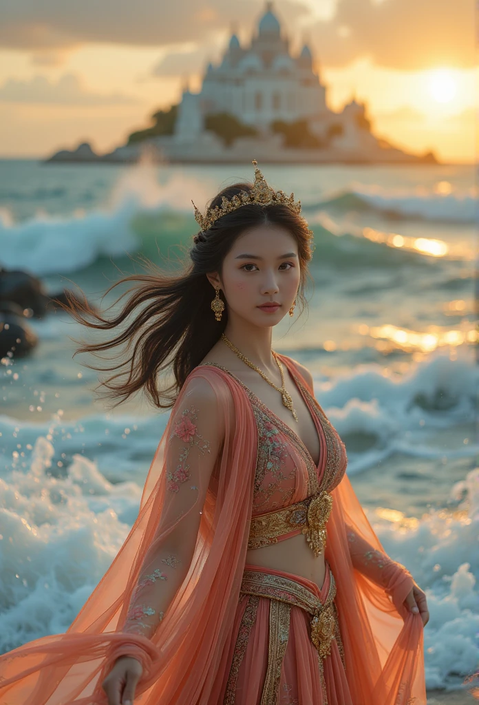 (best quality:1.1) ,(photorealistic:1.1), (photography:1.1), (highly detailed:1.1), looking at viewer,armlet, Jade bracelet, eyelashes, happy, small breasts,beautiful detailed girl, (extremely detailed eyes and face), (lighting on face),necklace,Colorful clothes, [chinese clothes],[off shoulder], (solo:1.2), sandbeach,sand,Standing by the seaside, summer, (beautiful detailed sky),seethru,