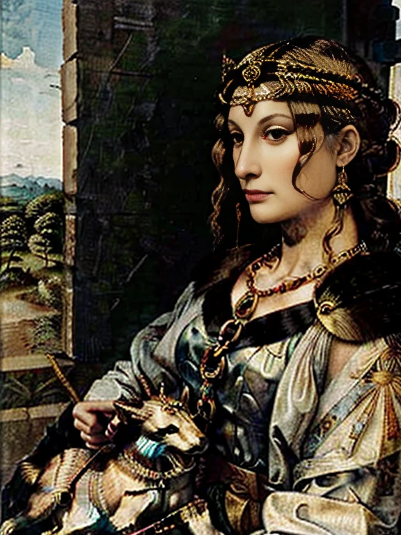 Unpublished paintings by Leonardo da Vinci、Realistic depiction、Detailed description、The background is a battlefield。The model isＢＣIt actually existed in 300、Boudica。She is an intelligent woman with very broad shoulders.、Tall、She had a very beautiful and brave face.。/(Red hair down to her waist、shortage々A sharp voice and a sharp gaze。A painting of a Celtic warrior charging in a chariot/)。For decoration, she always wears a torque and a gold necklace around her neck.、He wore a thick cloak fastened with a colorful tunic brooch.。The decorations were also luxurious, including jewels.。Queen of the Celtic Iceni tribe、Tormenting the Roman Empire。「Battle Queen」を意味したBoudica、((( Boadicea )))