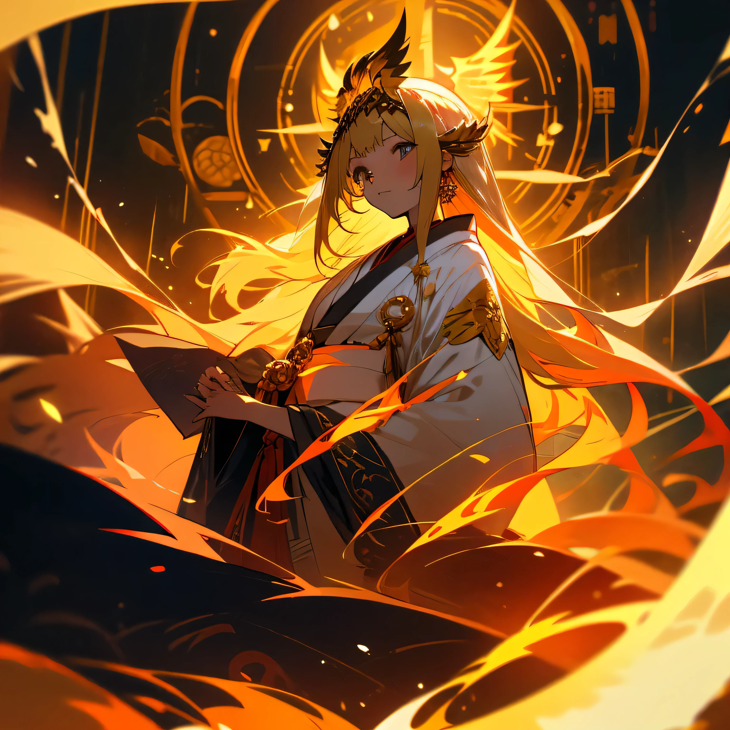 Women, Buddha Emperor's clothes, emperor's Buddha, Dao Ying and big symbols in the background, elegant, many Dao magic runes in the area effect, golden floor with Dao pattern drawings, One thousand Buddha Palm.HD lighting and dark )<=(epic image quality)dark atmosphere with bright particle light(many effects in background)