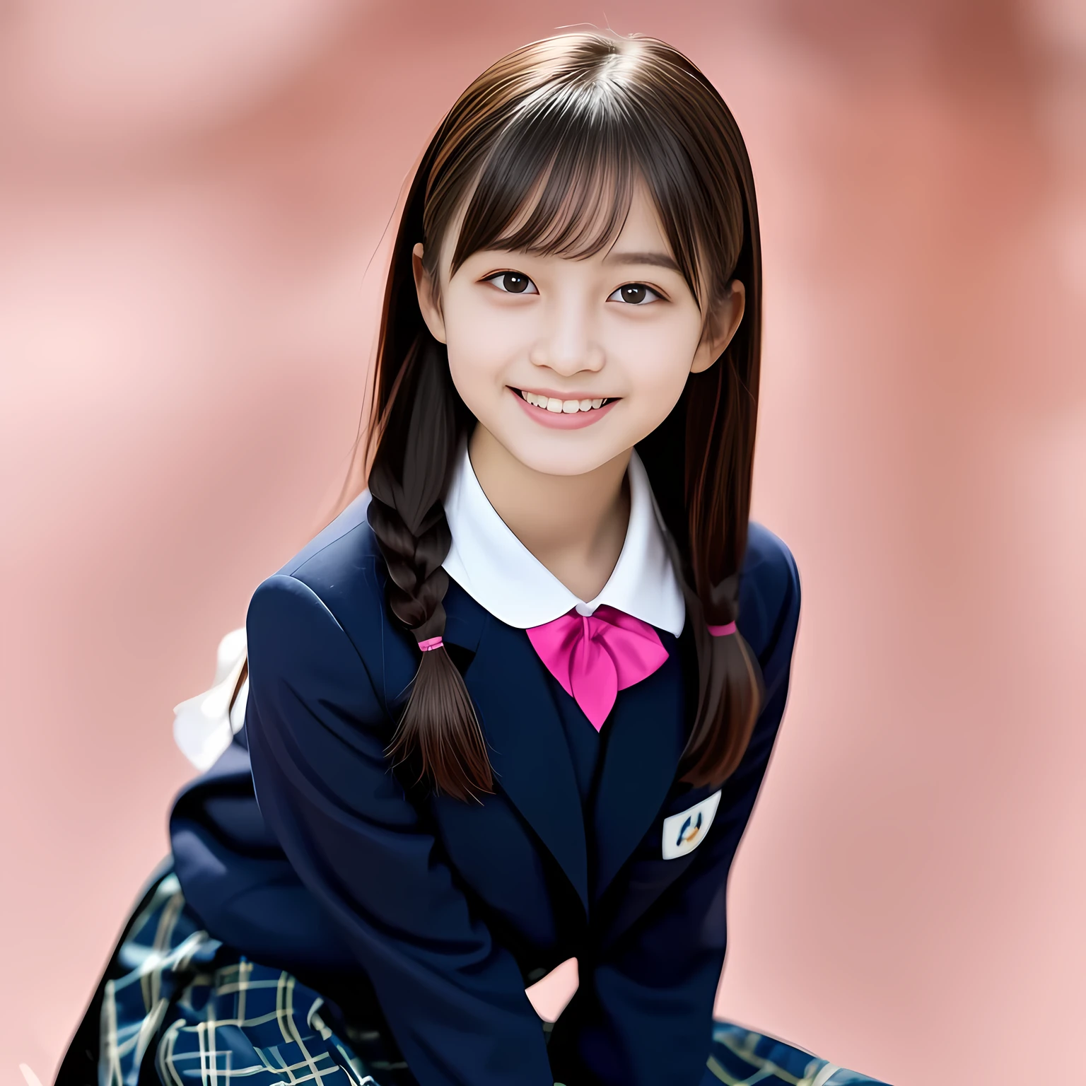 (Highest quality, masterpiece:1.2), Highest quality, High resolution, 1080P, 8k, height: 158cm, (Noble, Japanese yo fashion model is seated on a pink flat floor and smiling directly at me in school uniform, sleepy, looking up at me with love to me with her kawaii supreme: 1.8), looking me, (well arranged, balanced, neat tight twin braids under her ear, not more than two braids), (Half-closed, Looking up to me, Very sleepy, Double-eyelids, completely balanced, brown large large dreaming sleepy eyes with detailed beautifully: 1.6), (Glossy lips: 1.8), (Drives me crazy for her navy-colored neat tartan checkered blue skirts and make me fall into her navy-colored tartan checkered skirt: 1.2), (Fine white face that looks like she has never been out of home: 1.6), (Navy colored school uniform blazer: 1.6), (Navy blue pleated school uniform tartan checkered skirt: 1.5), (Plain-red school ribbon on the breast), (Complete plain pink background: 1.8), (Girl whom everyone loves because of her beauty and neat school fashion and noble manner and magic-charm of succubus: 1.7), full body shot, (jolly face expression), (evenly cut curled bangs), (KANKO school uniform: 1.2), 白い光が顔にあたっている