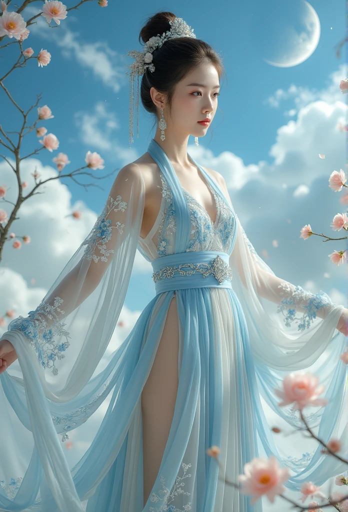 Light pink and light white tone,full body, simple white background, nature lighting, lighting effect, minimalist, elegant, pure gentle, soft light, photorealistic. a women (collarbone, shoulders,nipples) posing (praying and standing) with The hyper-giant lotus with huge and long petals (petal made of a thin and soft tulle fabric, flowy petals fully background, floating petals, hyper-flying petals, smoke effect mix with petal), lotus dress,((seethrough)).