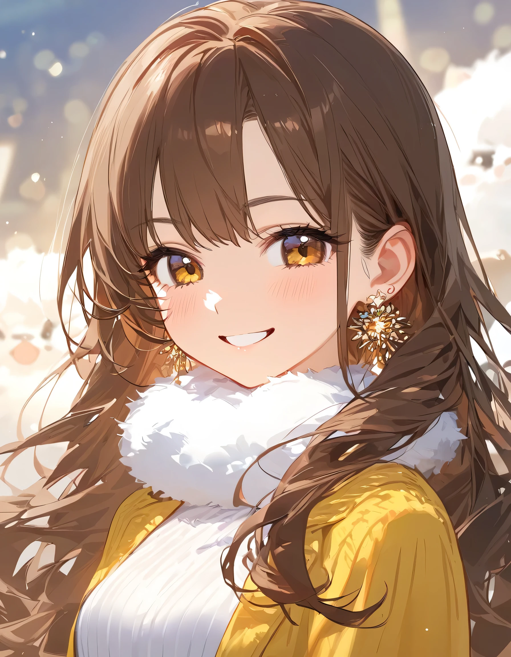 woman,Age 25,smile,Brown Hair,Long Hair,Fluffy,Earrings,Upper Body,スタイリッシュなwoman'Inside the room