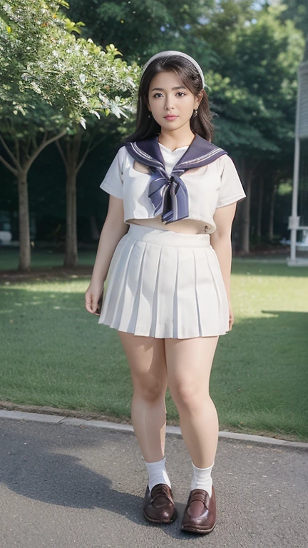 Realistic、Ultra-dense skin、Perfect Anatomy、Photorealistic、Japanese Mature、Alone、milf、White skin、drshe、housewife、(5:1.5)、Earrings、((curvy、Large Breasts、Emphasizes plump thighs:1.4))、((High school uniform、Sailor suit、neckerchief、Ultra short pleated micro mini skirt、loafers:1.5))、((Standing in the park、Full body view:1.3))、Background Blur、full body、looking at viewer、shoot from below、(loafersから頭まで全身を撮影:1.3)