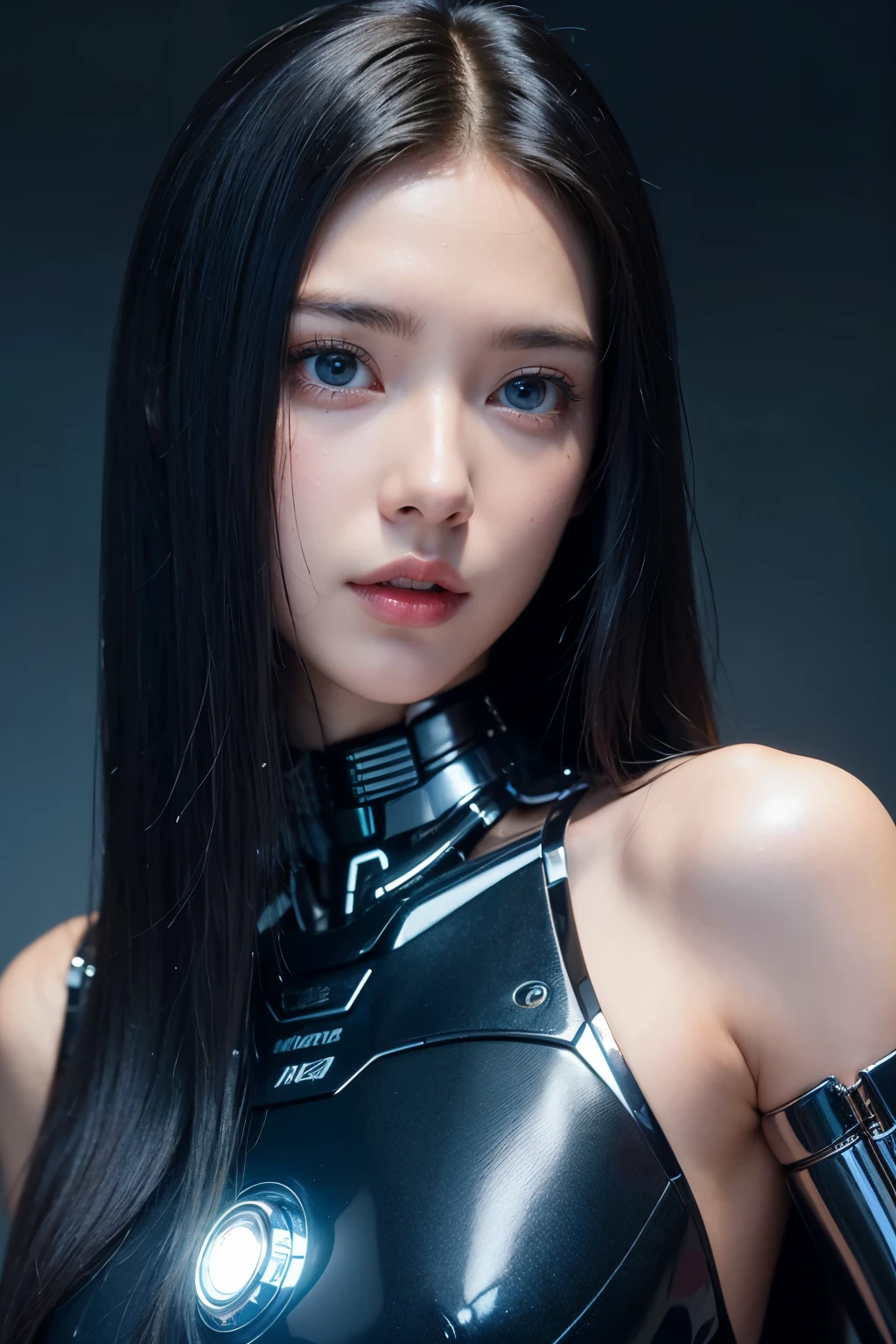 ((masterpiece, Highest quality, Best image quality, High resolution, Realistic, RAW Photos, 8k, Reality))、(girl)、Clear dark blue eyes、Sharp eyes、Thin Nose、Beautiful Face, 1 female、(girl:1.2)、(Black Hair、Long Straight Hair:1.2)、(looking at the camera:1.3)、sf、((Cyborg&#39;s body:1.5))、((White Mechanical Armor:1.2))、nsfw、((topless:1.8))