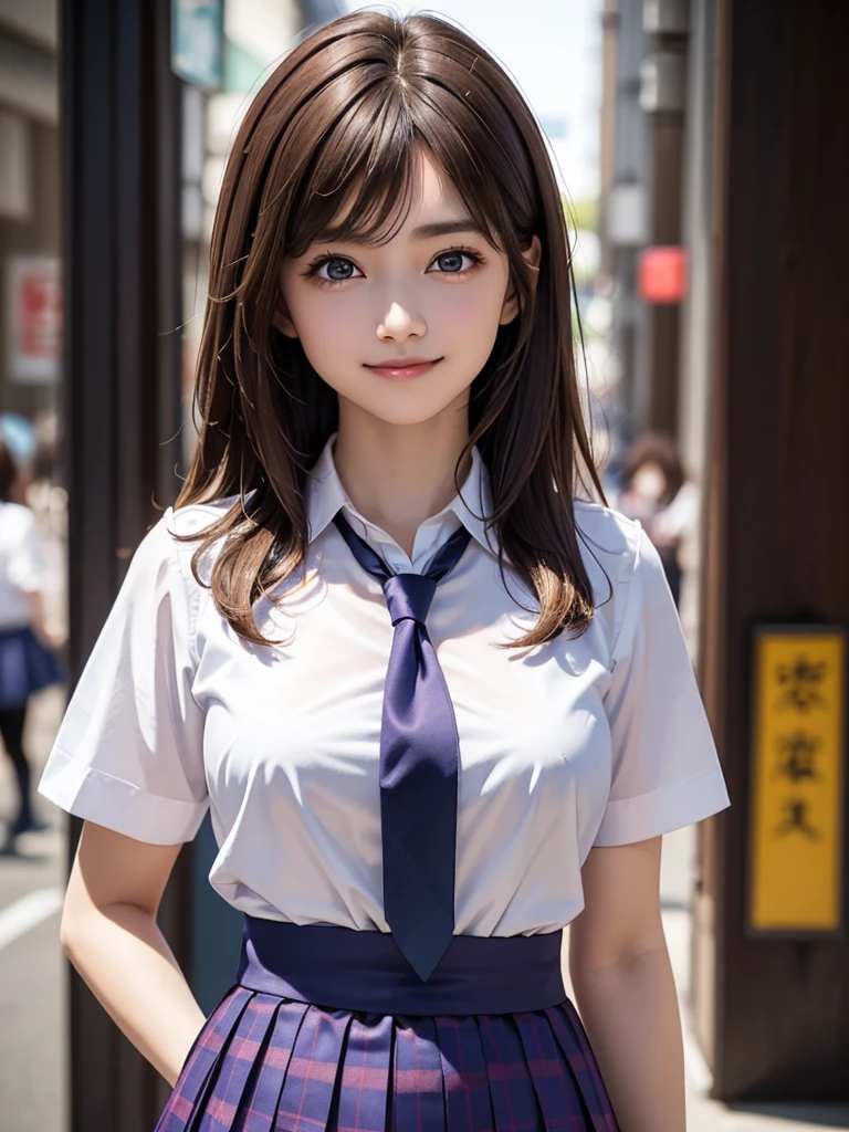 8k, Best Quality, The real picture, Intricate details, Very detailed, Ultra-high resolution, Depth Field, (Realistic,Realistic:1.2), Tabletop, Full Body Shot, 1 girl, eye_Chan, so beautiful, innocent big eyes, Beautiful breasts:1.5, 非常に詳細なeye:1.2), (Beautiful breasts:1.1), ((Brown Hair)), (Medium Bob Hair), Perfect Skin, Fair skin, Small breasts, Tight waist, Alone, Staring at the audience, (smile), ((School_Uniform), (White shirt, Wear a tie), (Navy blue and purple checkered pleated micro mini skirt), (Standing in the crowds of Tokyo)