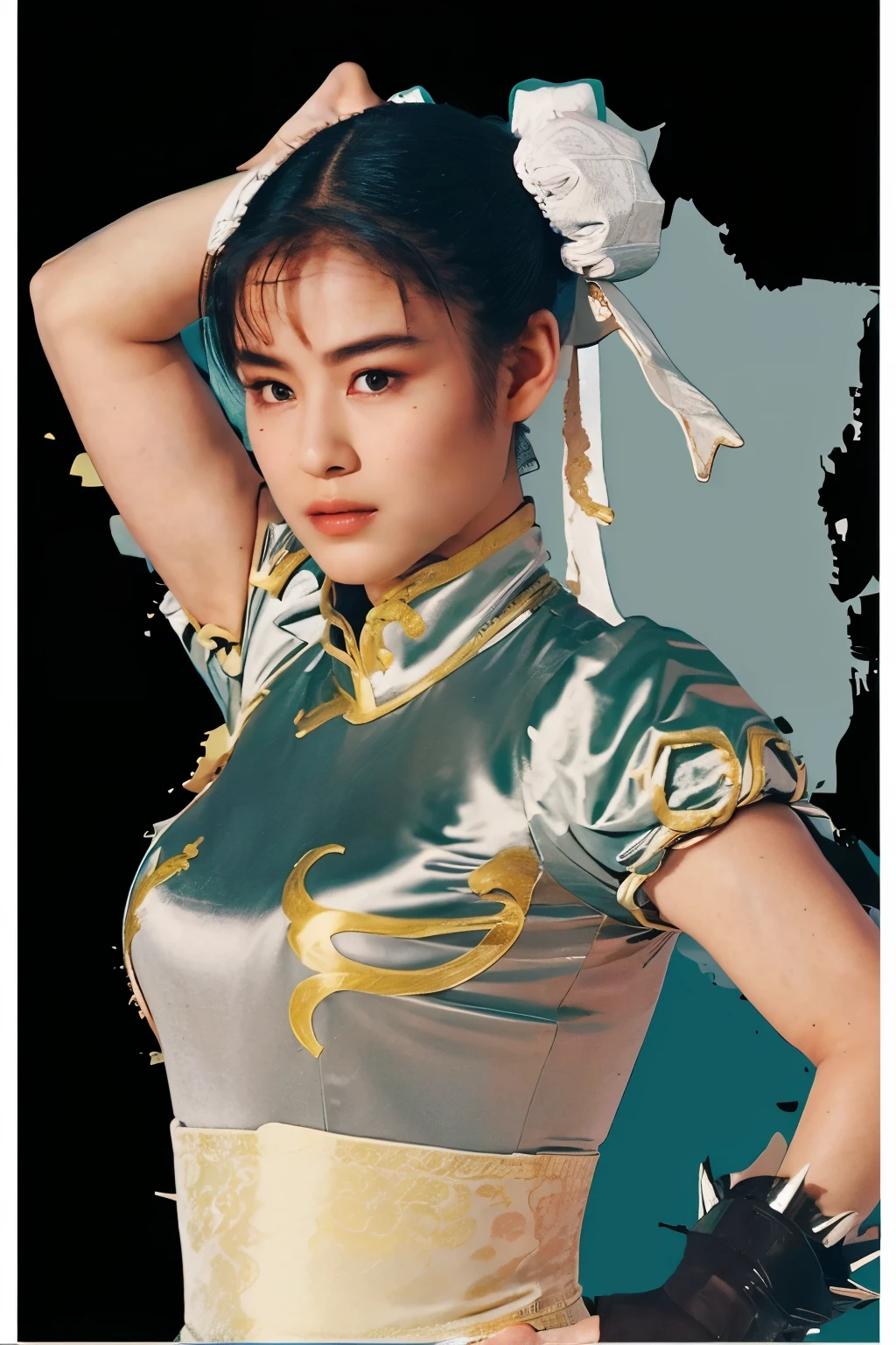 Chunli, Silver Costume, Make a poster for a martial arts movie, Hollywood Style, The facial details are accurately depicted, The details of the clothing are accurately depicted, Two loaves of white bread, High image quality, 映画ではChunliが宿敵に敗北します, ポスターの中ではChunliが強力な敵に追い込まれている様子を描いてください, Create a dark atmosphere by depicting rain and night., Please suggest that there is a powerful enemy., The title of the movie is「Chunli無惨〜Beautiful martial artist、Fallen before his nemesis！」, Enter the movie title