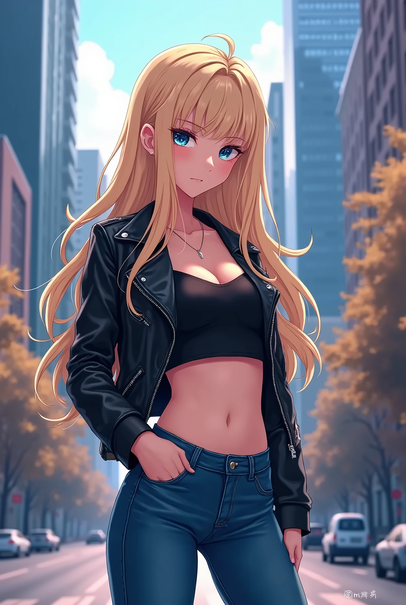 Anime girl in black leather jacket and jeans standing on street - SeaArt AI