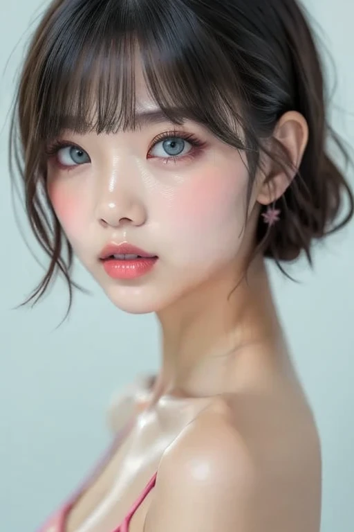 In a dimly lit room、Realistic upper body portrait photography of a woman with straight hair and perfect face,Accurately depict the top of the head、Big Mouth,Moisturized lips、Thick, plump and shiny lips with a clear lip balm