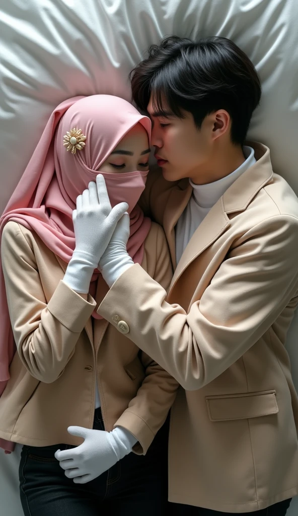 top-quality、hight resolution、ultra-detailliert、masterpiece、Raw photography、realisitic、Photorealsitic:1.5、extremely delicate and beautiful、finely detail、 Beautiful Korean artist face woman in high, (Kissing a beautiful man in a suit)with hijab, slim, Slender, thin and tall body, white skin, with pastel pashmina hijab, wearing long floral gamis, horny face )、(Embracing, hug and kissing from behind a beautiful man in a suit)、sleep in the mat in front of blackboard Class. (In an empty classroom)、(A detailed face, wet, Soak, sweating)