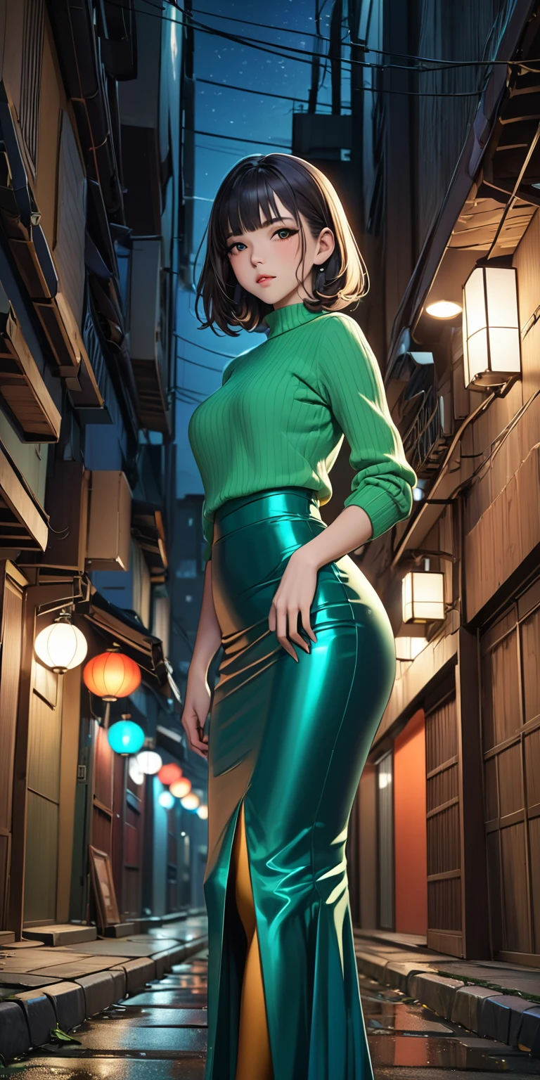 a woman in a Green Dress is walking down a sidewalk, full body Green Dress, skinTight dress, light Green Dress, Green Dress, Tight dress, wearing a neon Green Dress, with Green Dress, sleek legs, A tall, slim and beautiful goddess, Beautiful full body shot, Long legs, Variety of colors ; Mini Dress, Dresses in neon colors, ショートMini Dress