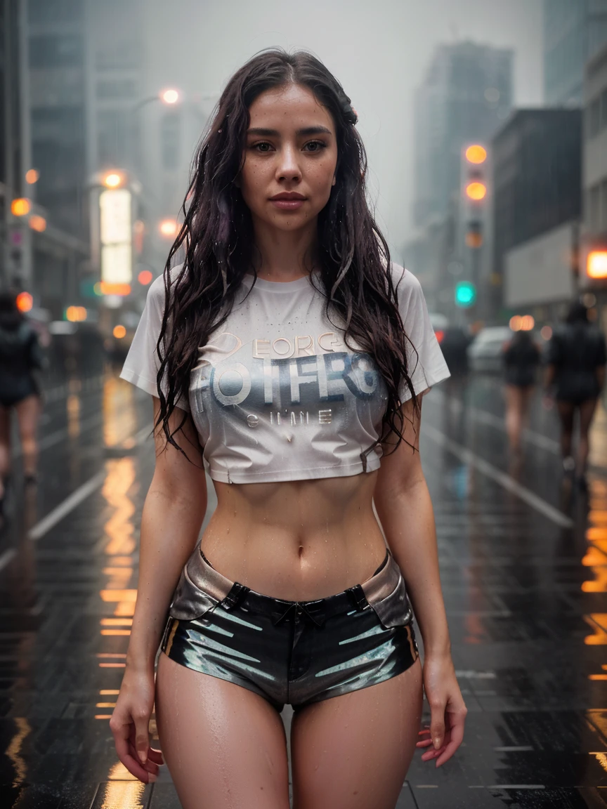 A stunning intricate full color portrait of a 22 year old very beautiful Latina woman, black hair, wearing Reflective leggings, white shirt, standing in Underground cybernetics lab with flickering fluorescent lights, blue hour, wet, rain , epic character composition, sharp focus, cyberpunk 2077 screenshot, subsurface scattering, f2, 35mm, film grain, wetshirt