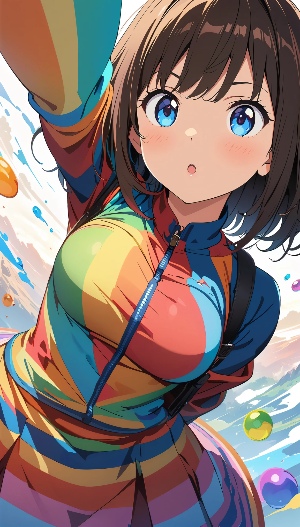 (masterpiece, Best Quality, Official Art:1.2), (colorful), Girl blowing vuvuzela with all her might, cute, White background, floating colorful water, Ultra-detailed illustrations, highly detailed, Dynamic Angle,  detailed, 8k anime style, Digital anime art,Anime style illustration,Anime illustration