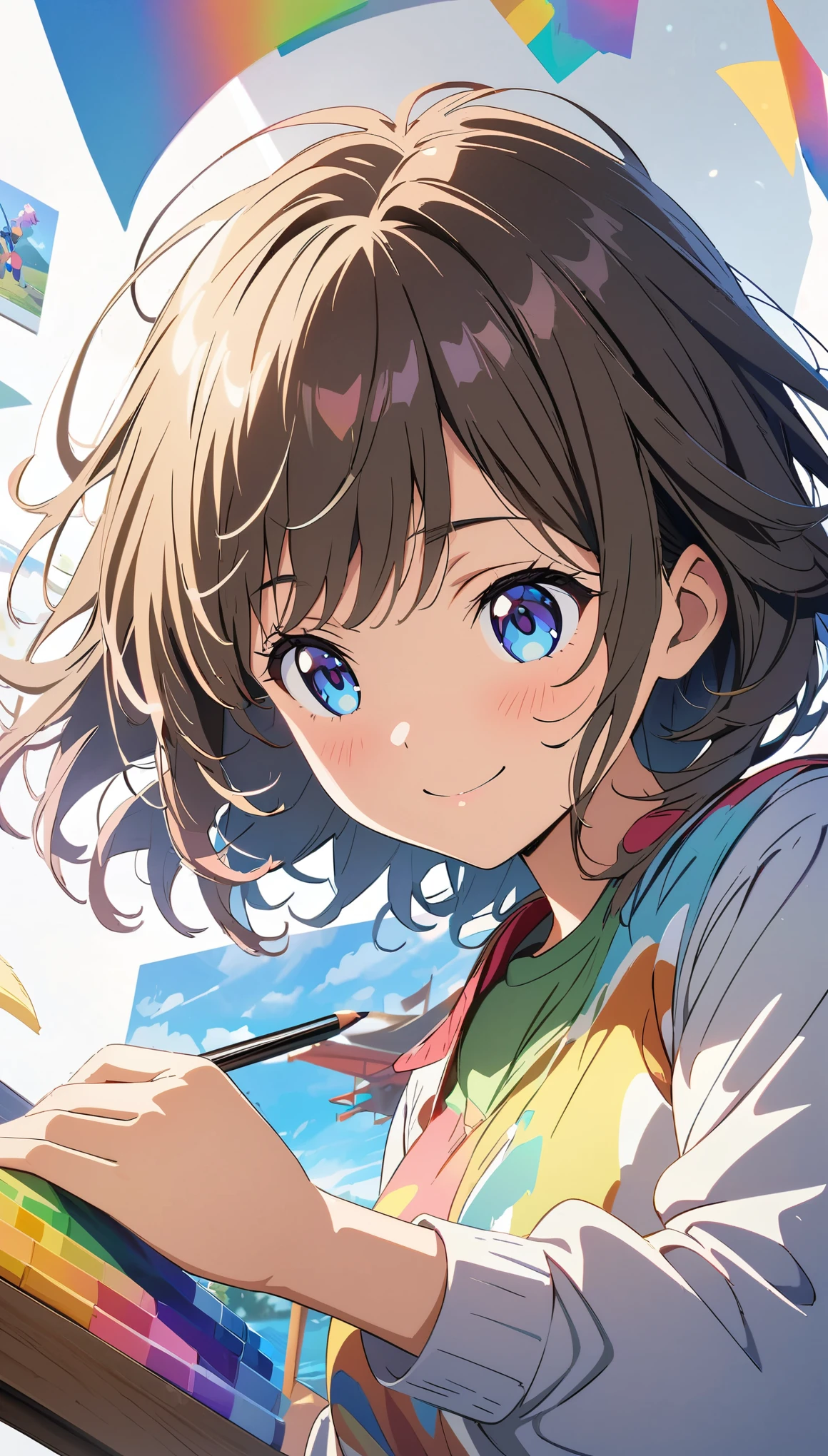 (masterpiece, Best Quality, Official Art:1.2), (colorful), A girl drawing a picture, cute, smile, White background, floating colorful water, Ultra-detailed illustrations, highly detailed, Dynamic Angle,  detailed, 8k anime style, Digital anime art,Anime style illustration,Anime illustration