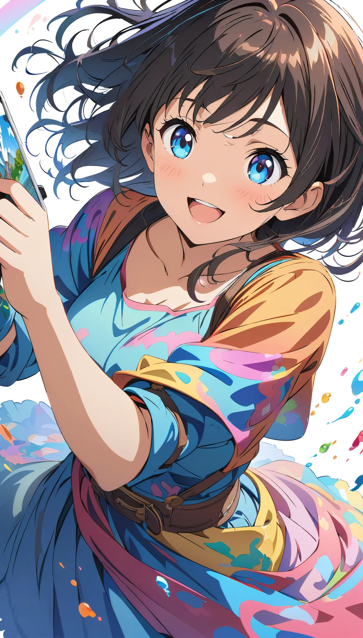 (masterpiece, Best Quality, Official Art:1.2), (colorful), A girl drawing a picture, cute, smile, White background, floating colorful water, Ultra-detailed illustrations, highly detailed, Dynamic Angle,  detailed, 8k anime style, Digital anime art,Anime style illustration,Anime illustration