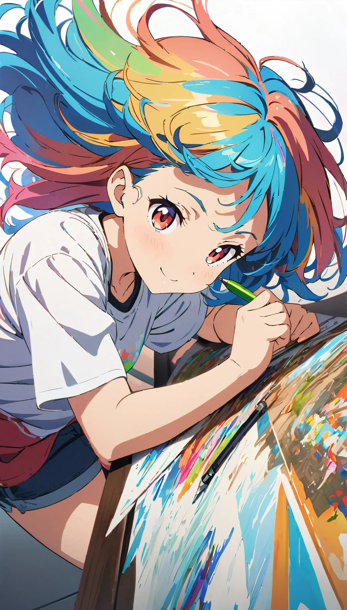 (masterpiece, Best Quality, Official Art:1.2), (colorful), A girl drawing a picture, cute, smile, Pen, White background, floating colorful water, Ultra-detailed illustrations, highly detailed, Dynamic Angle,  detailed, 8k anime style, Digital anime art,Anime style illustration,Anime illustration