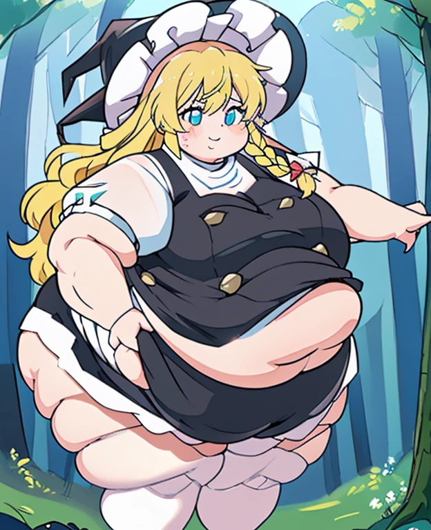 ((best quality, 4k, 8k, anime girl, masterpiece)), ((((beautiful extremely detailed face, beautiful eyes)))), glowing eyes, cinematic lighting, (perfect anatomy), (((chubby, SSBBW, very obese, tall, huge breasts, (stand up), bouncy belly, bouncy breasts))), ((marisa kirisame)), (((black vest, blazer, short sleeves, tights, witch hat))), (full body view), ((long hair, blonde hair, bangs, braid)), ((thick outlines, anime style, vibrant colours)), smile, ((low camera angle)), forest, 