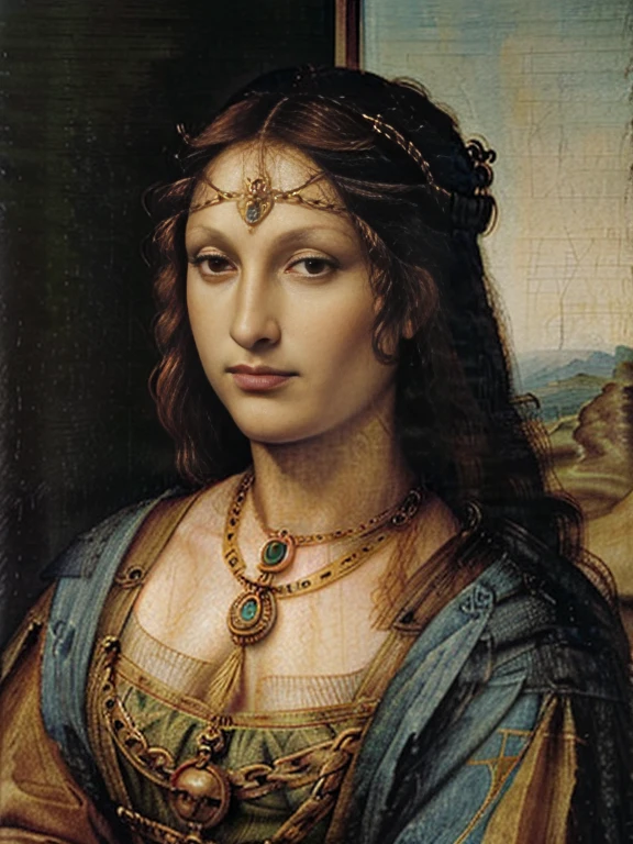 Unpublished paintings by Leonardo da Vinci、Realistic depiction、Detailed description、The background is a battlefield。The model isＢＣIt actually existed in 300、Boudica。She is an intelligent woman with very broad shoulders.、Tall、She had a very beautiful and brave face.。/(Red hair down to her waist、shortage々A sharp voice and a sharp gaze。A painting of a Celtic warrior charging in a chariot/)。For decoration, she always wears a torque and a gold necklace around her neck.、He wore a thick cloak fastened with a colorful tunic brooch.。The decorations were also luxurious, including jewels.。Queen of the Celtic Iceni tribe、Tormenting the Roman Empire。「Battle Queen」を意味したBoudica、((( Boadicea )))