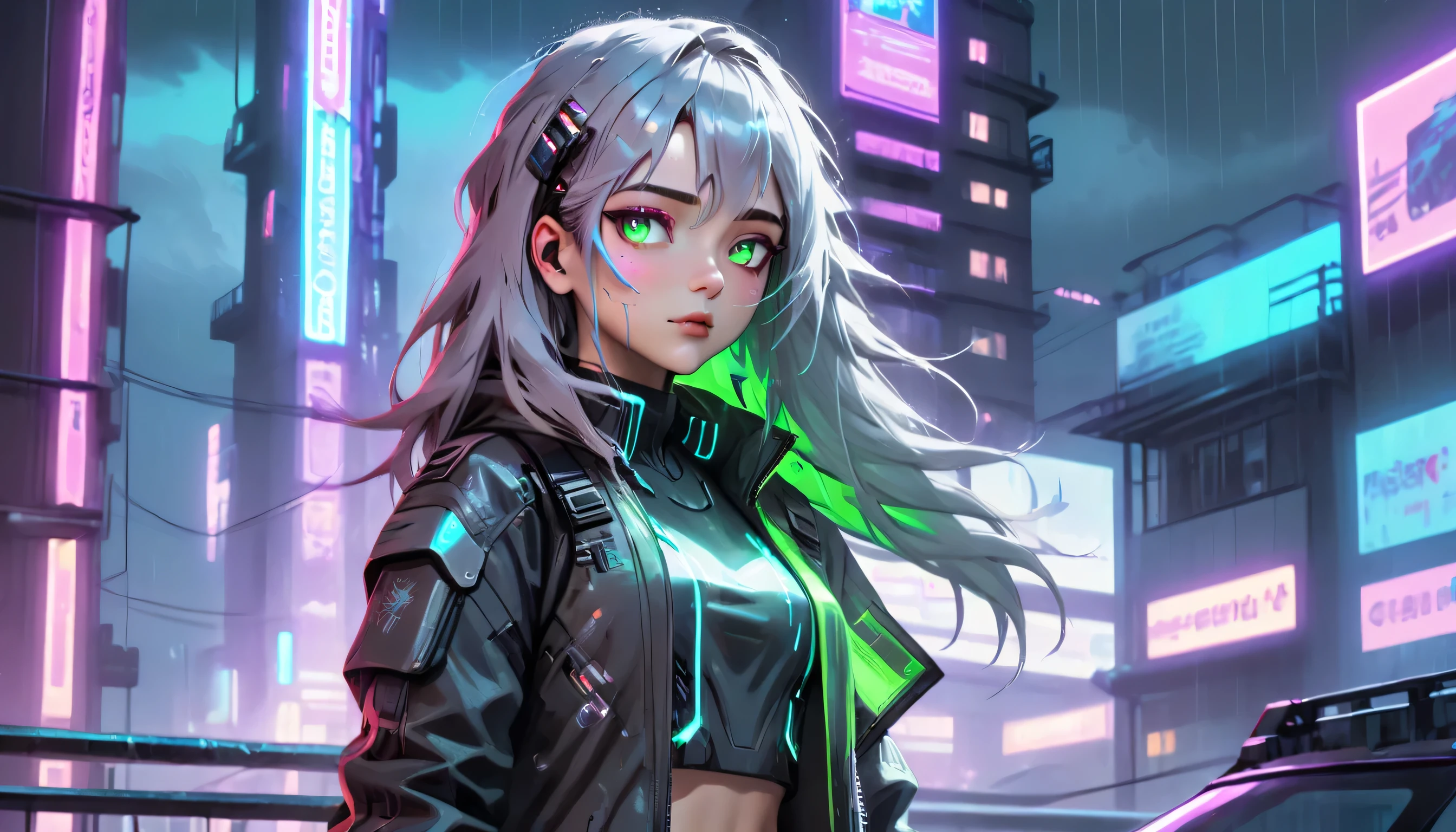 Cyberpunk or post-apocalyptic style girl with a futuristic touch, Tight combat clothing with technological details, as light armor, jackets with LED lights, and combat gloves. Includes futuristic weapons such as energy swords, Color Palette Dark tones like black, purple or blue, combined with bright neon details (green, red, the electric blue), Long messy hair with bold colors like silver white or bright purple with holographic highlights, heterochromia, In a cyberpunk city at night, with rain and neon lights, She is on top of a building watching