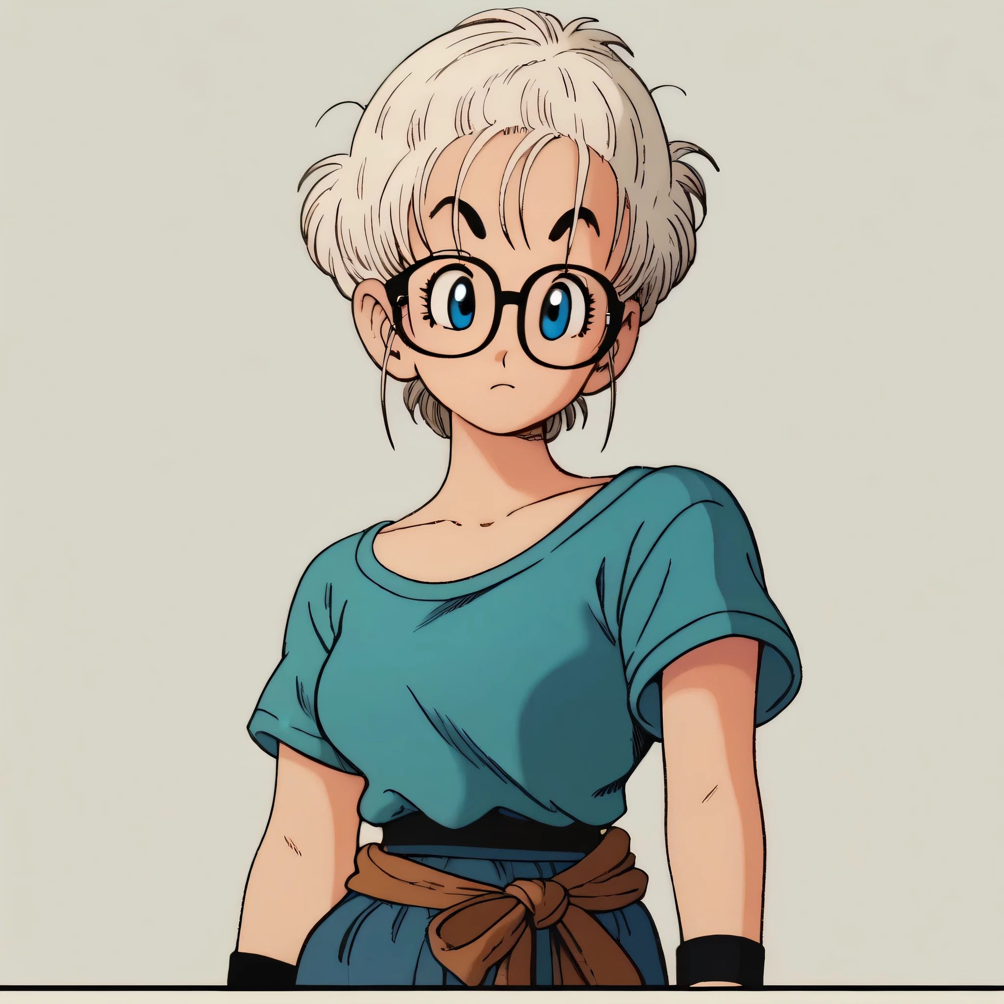 anime in mnst artstyle,3.0, HD, 4K, high-quality in the style of akira toriyama: woman, white hair, blue eyes, black glasses, blue clothes, black wristbands, black belt around the waist.