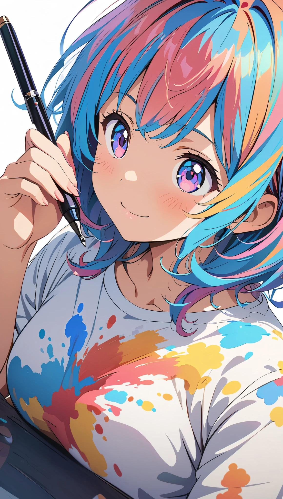 (masterpiece, Best Quality, Official Art:1.2), (colorful), A girl drawing a picture, cute, smile, Pen, White background, floating colorful water, Ultra-detailed illustrations, highly detailed, Dynamic Angle,  detailed, 8k anime style, Digital anime art,Anime style illustration,Anime illustration