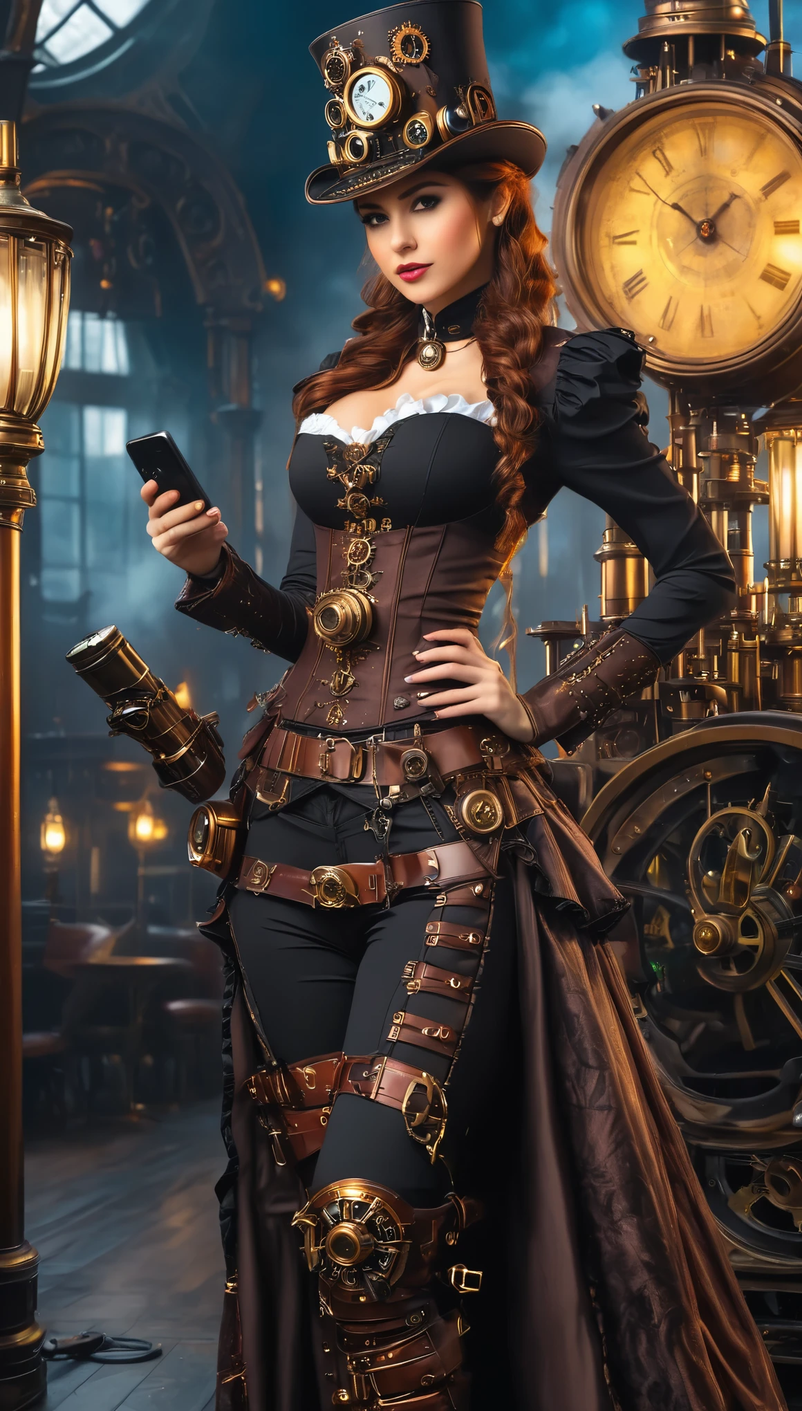 Woman in steampunk costume taking photo, wearing steampunk attire, small breast, see breast, full height, full body, steampunk fantasy style, (Steampunk), a steampunk beautiful goddess, steampunk beautiful woman, Steampunk Girl, Steampunk style, steampunk fantasy, Steampunk, steampunk inventor girl, golden steampunk, steampunc, steampunc, Set in a steampunk world, Vivid steampunk concept